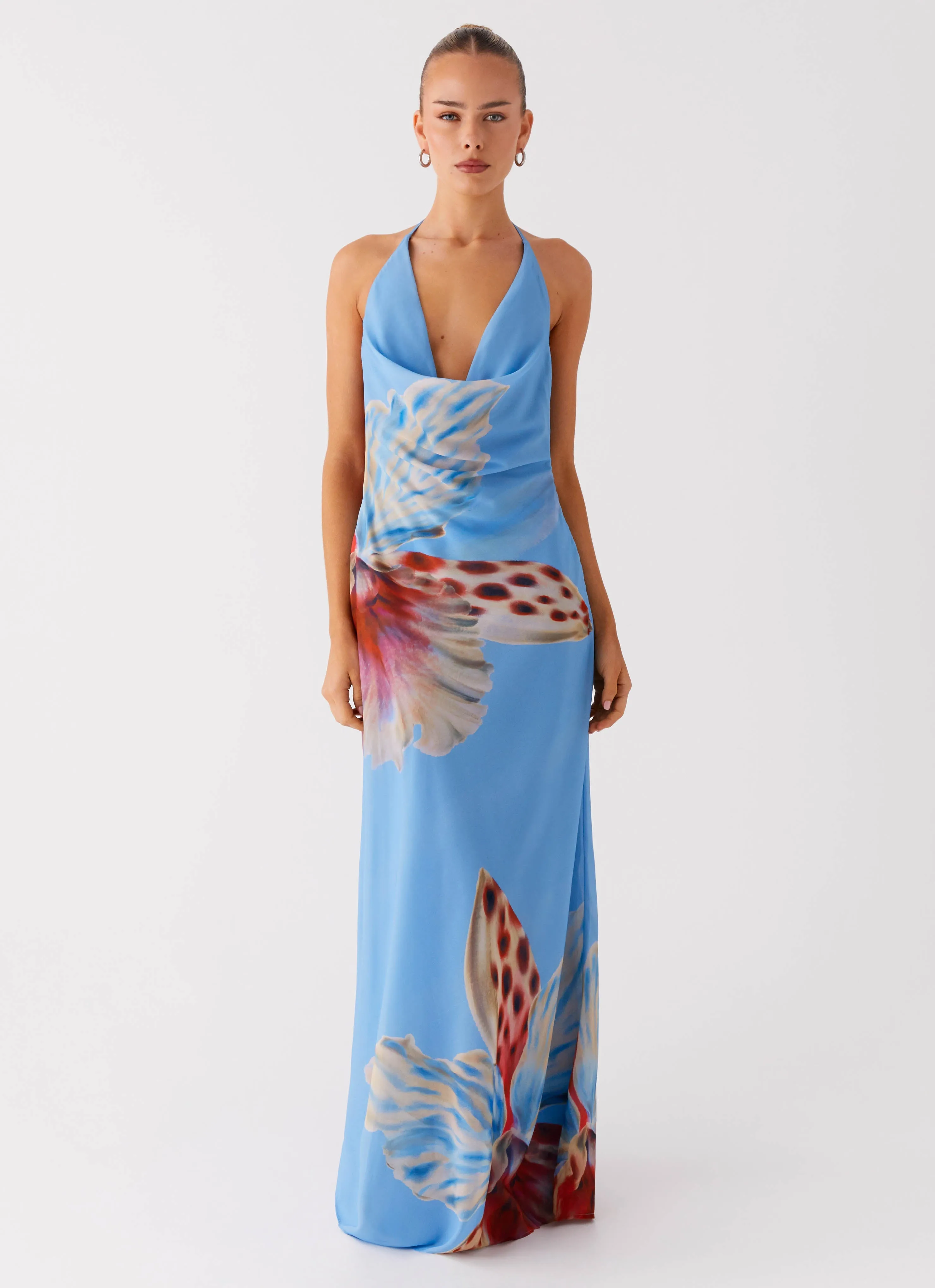 High low hem Side-Slit Stars Align Cowl Maxi Dress - Deep Sea Bloom