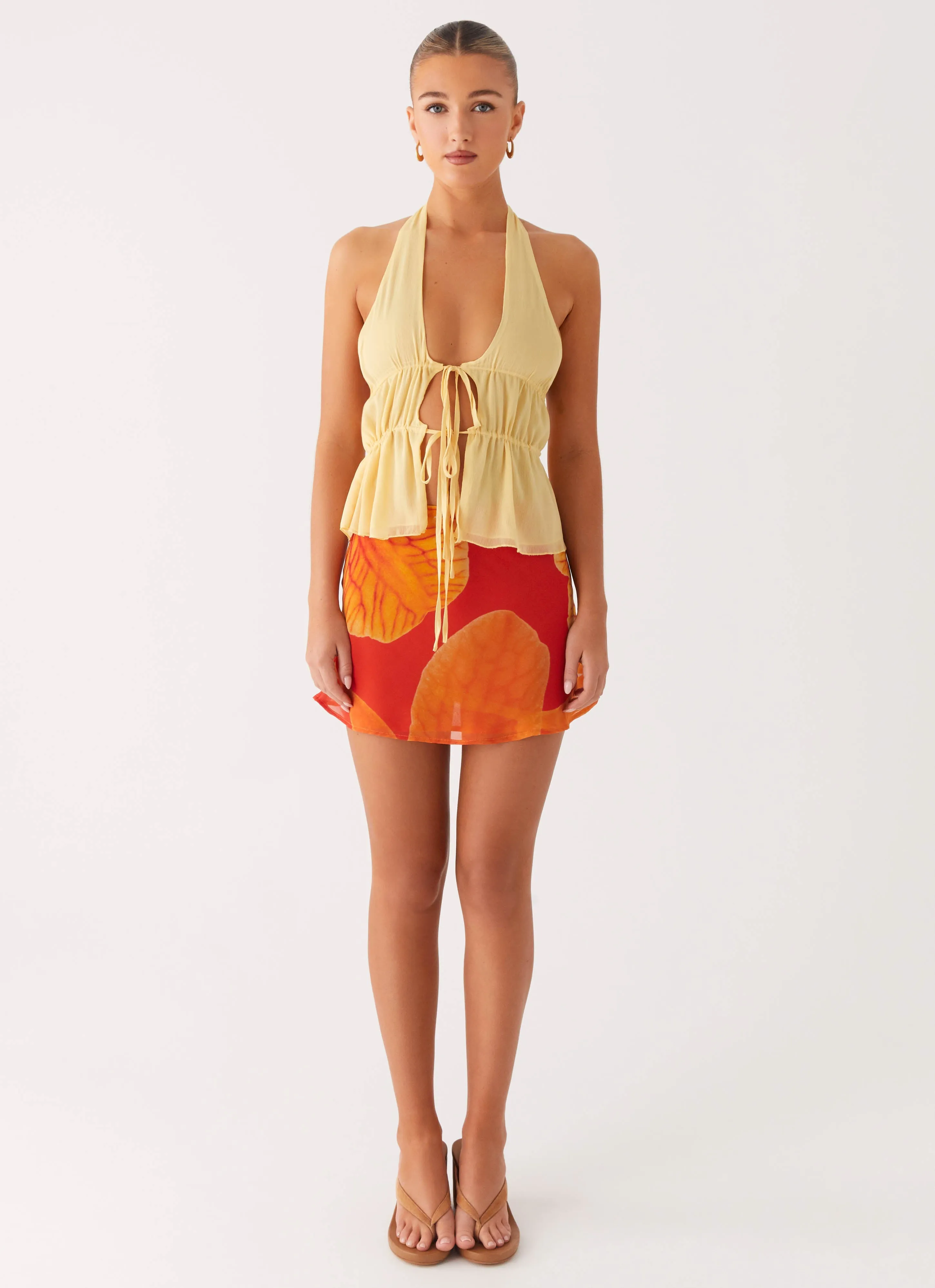 AdjustableDrawstring Breezy Palms Mini Skirt - Serene Orange