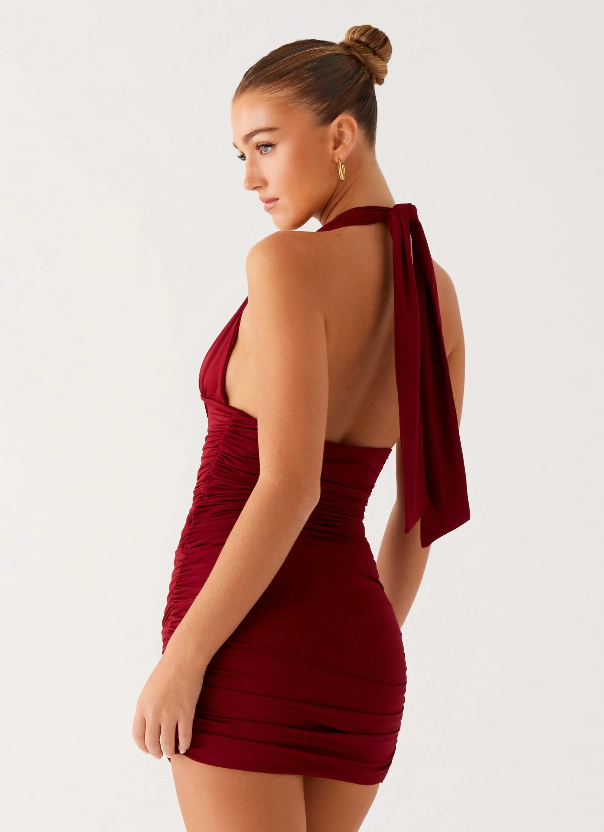 Machine-washable Statement Neck Abelia Halter Mini Dress - Maroon