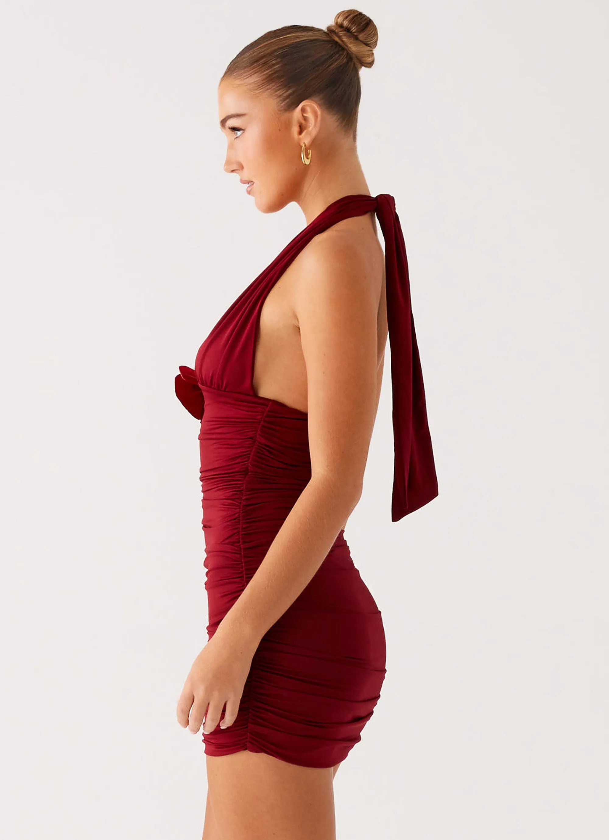 Abelia Halter Mini Dress - Maroon Crisp Details