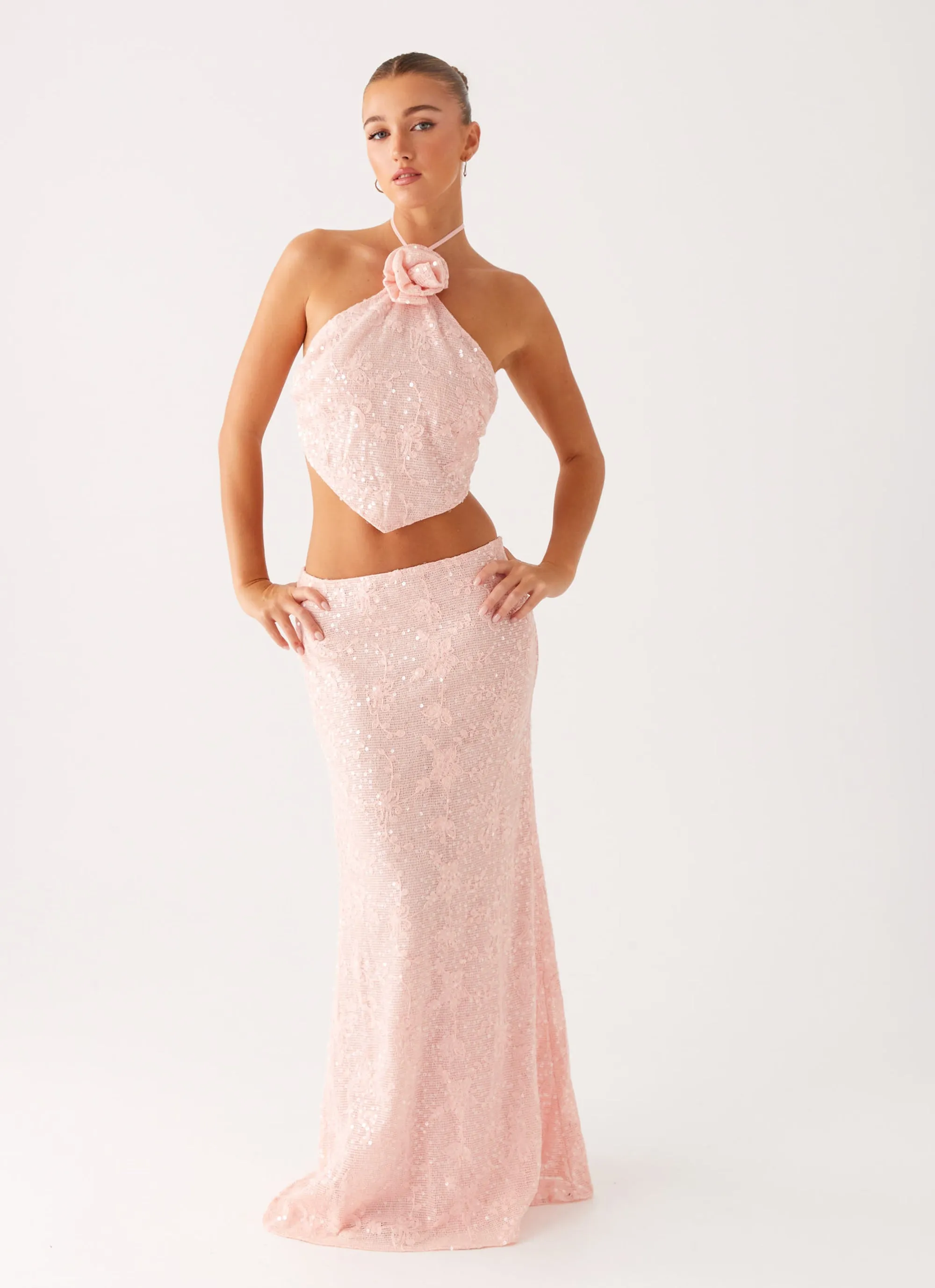 Queenie Sequin Halter Top - Pink Four Way Stretch