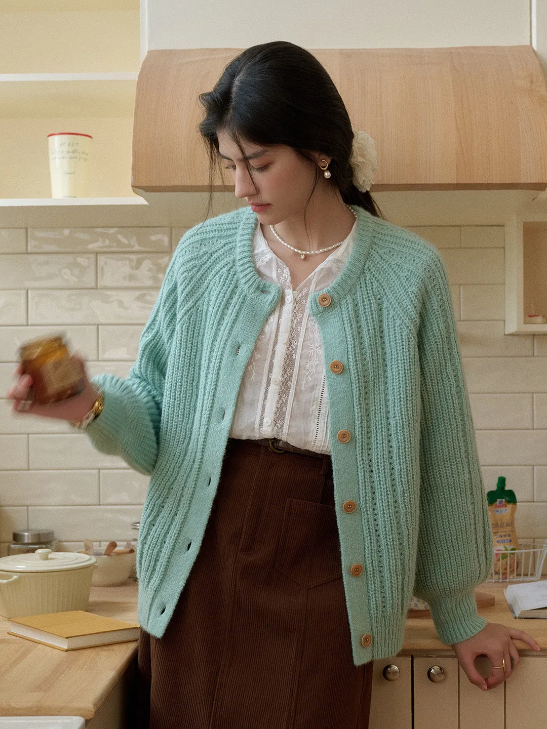 UV Protective Coating AntiPillingTreatment Destiny Round Neck Ribbed Wool Cardigan