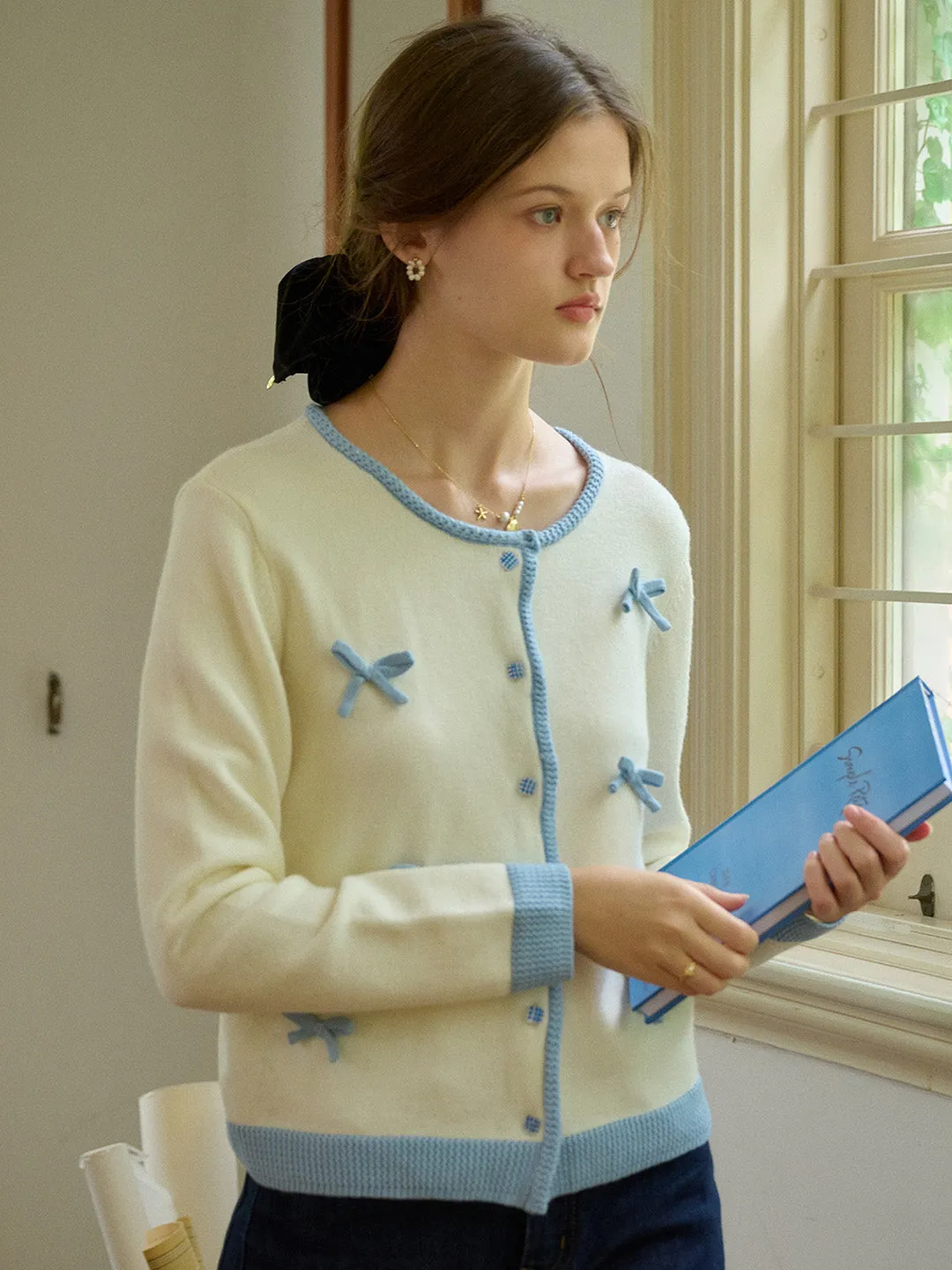 Printed Blouse ??Final Sale??Clementina Round Neck Bow Cardigan