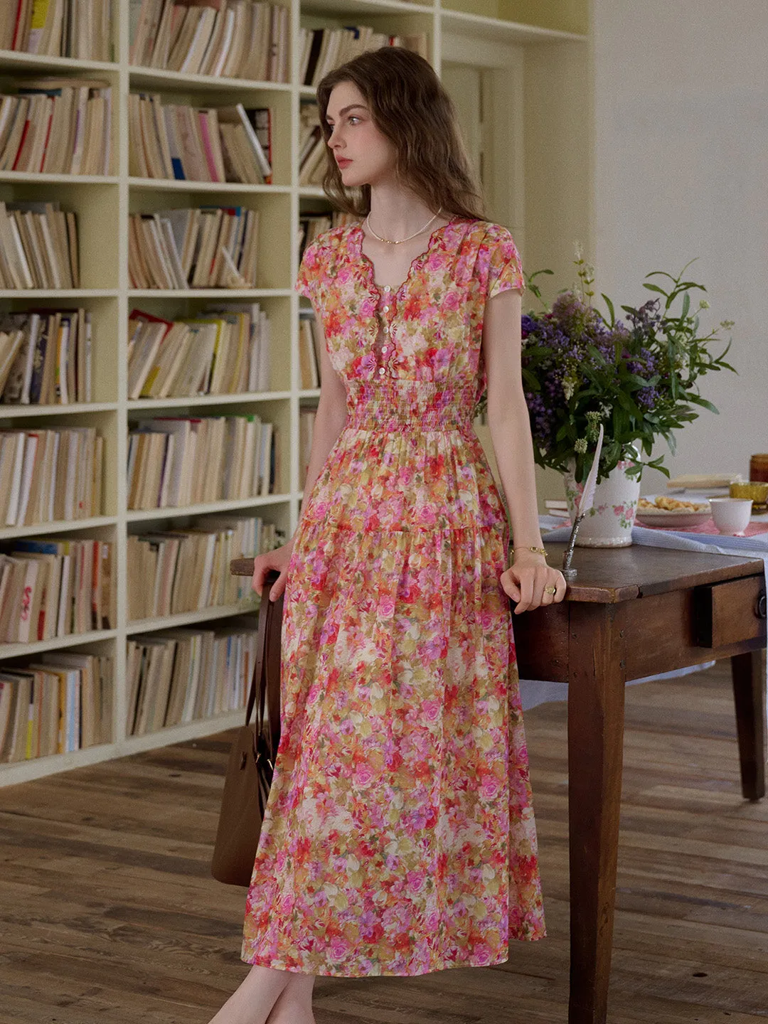 Adalyn Wavy Neck Floral 100% Cotton Dress Cool Texture Glossy Detail