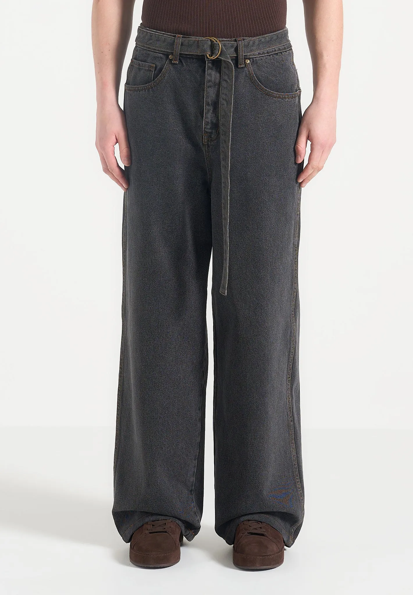 Adam -  Wide Leg Belted Jeans - Black Wash Urban Fit Stretch Unisex Wear Classic Wear