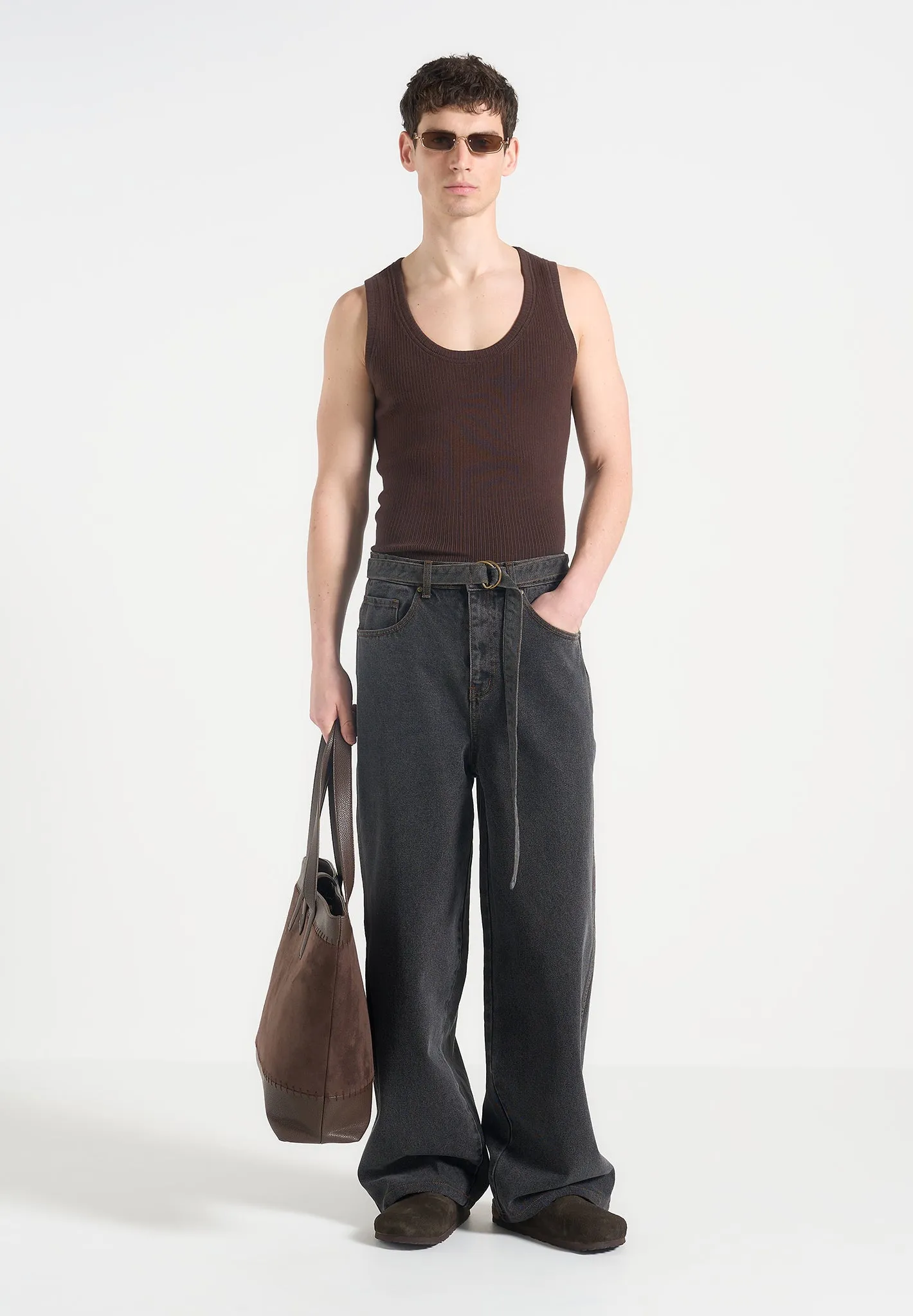 Adam -  Wide Leg Belted Jeans - Black Wash City Approved Textured Party Look Soft