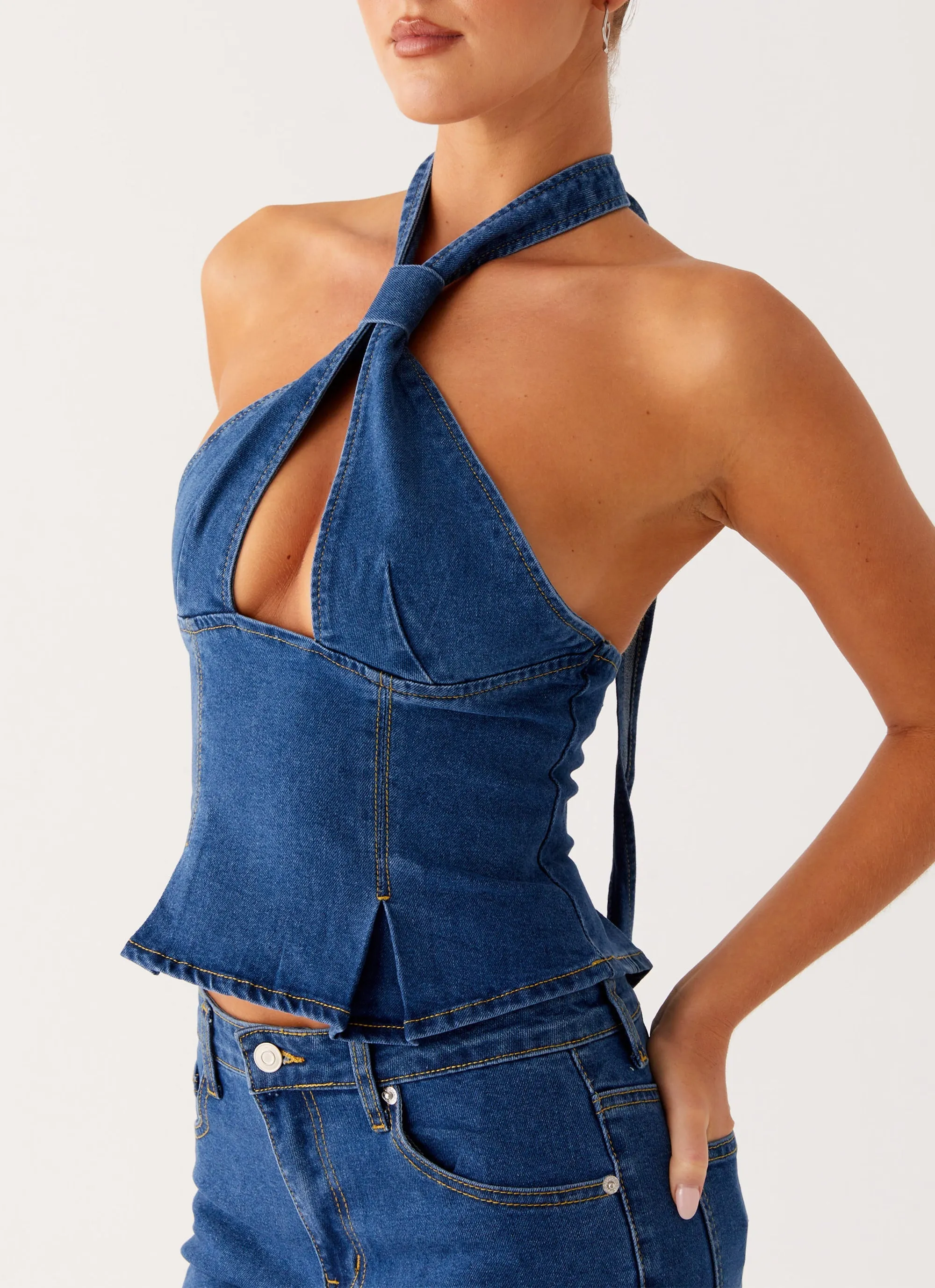 Lightweight Thermal Saylor Halter Denim Top - Indigo