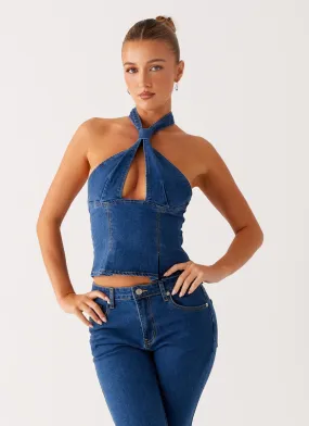 Saylor Halter Denim Top - Indigo FlexibleRibbing