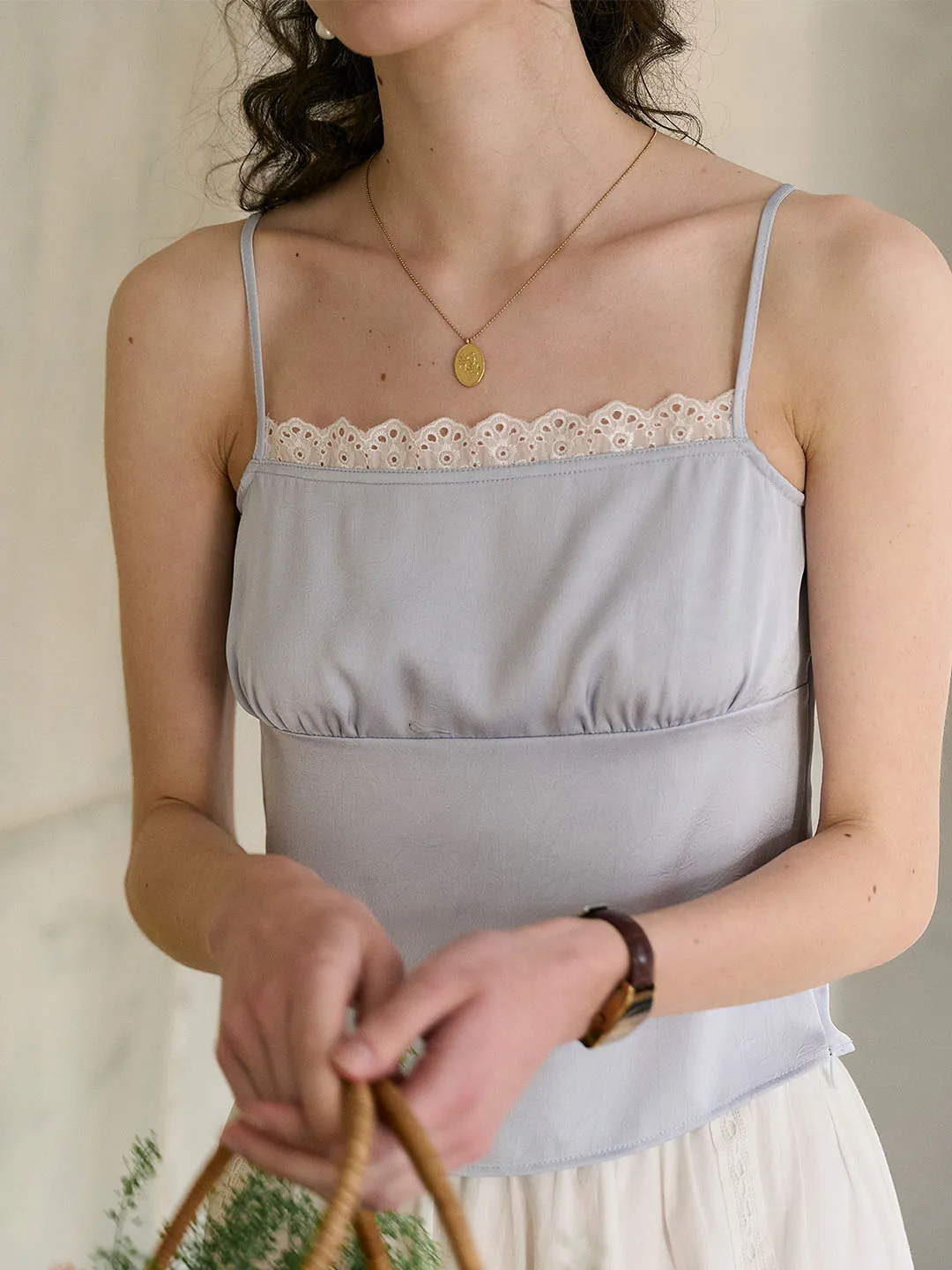 FadeResistant Coating Printed top (Add-on Item) Elisa Wavy Lace Square Neck Satin Camisole Top