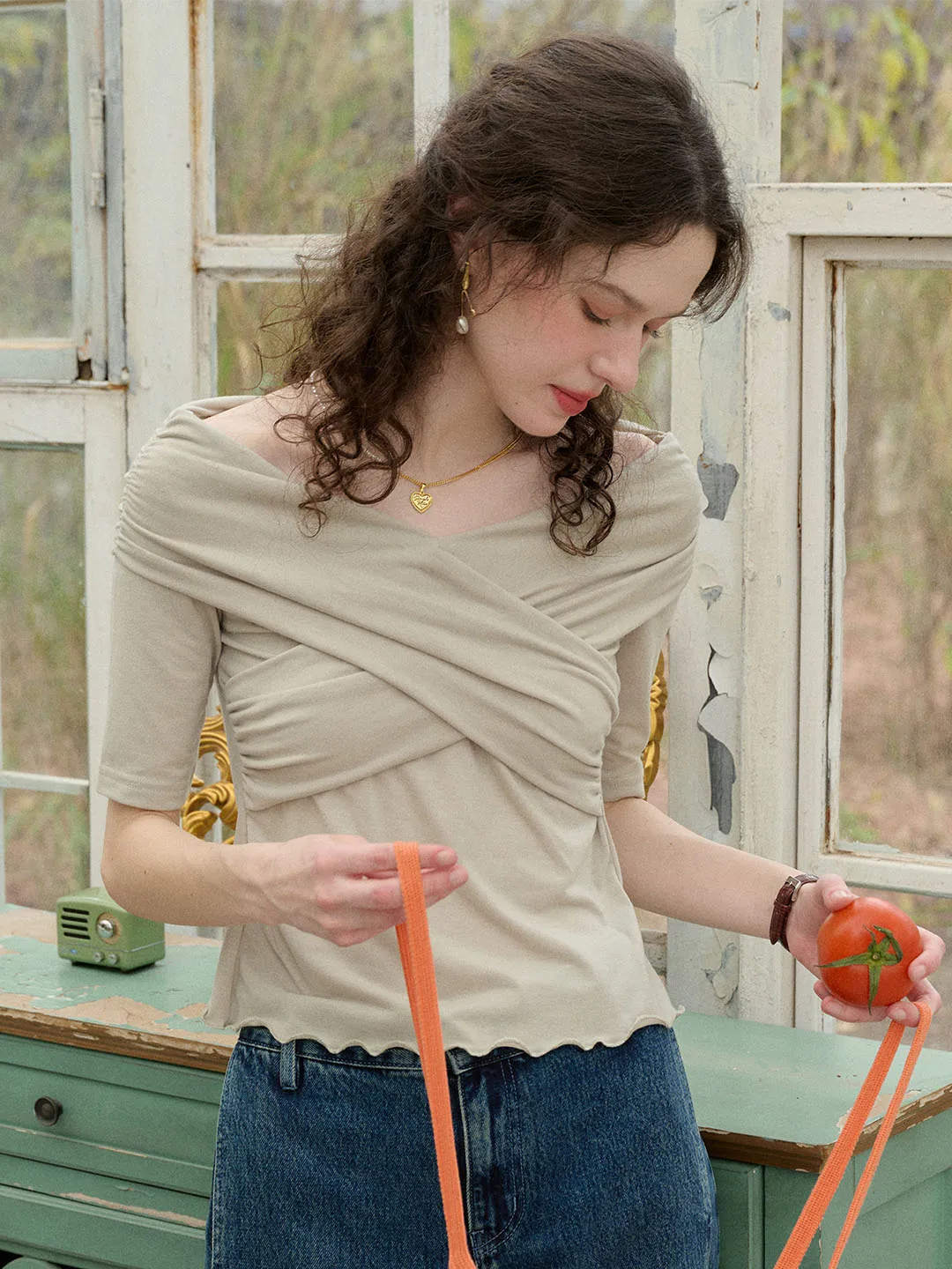 (Add-on Item) Rylie Solid Color Off The Shoulder Knitted Top Interlock Stitch Detail Cool and Breezy