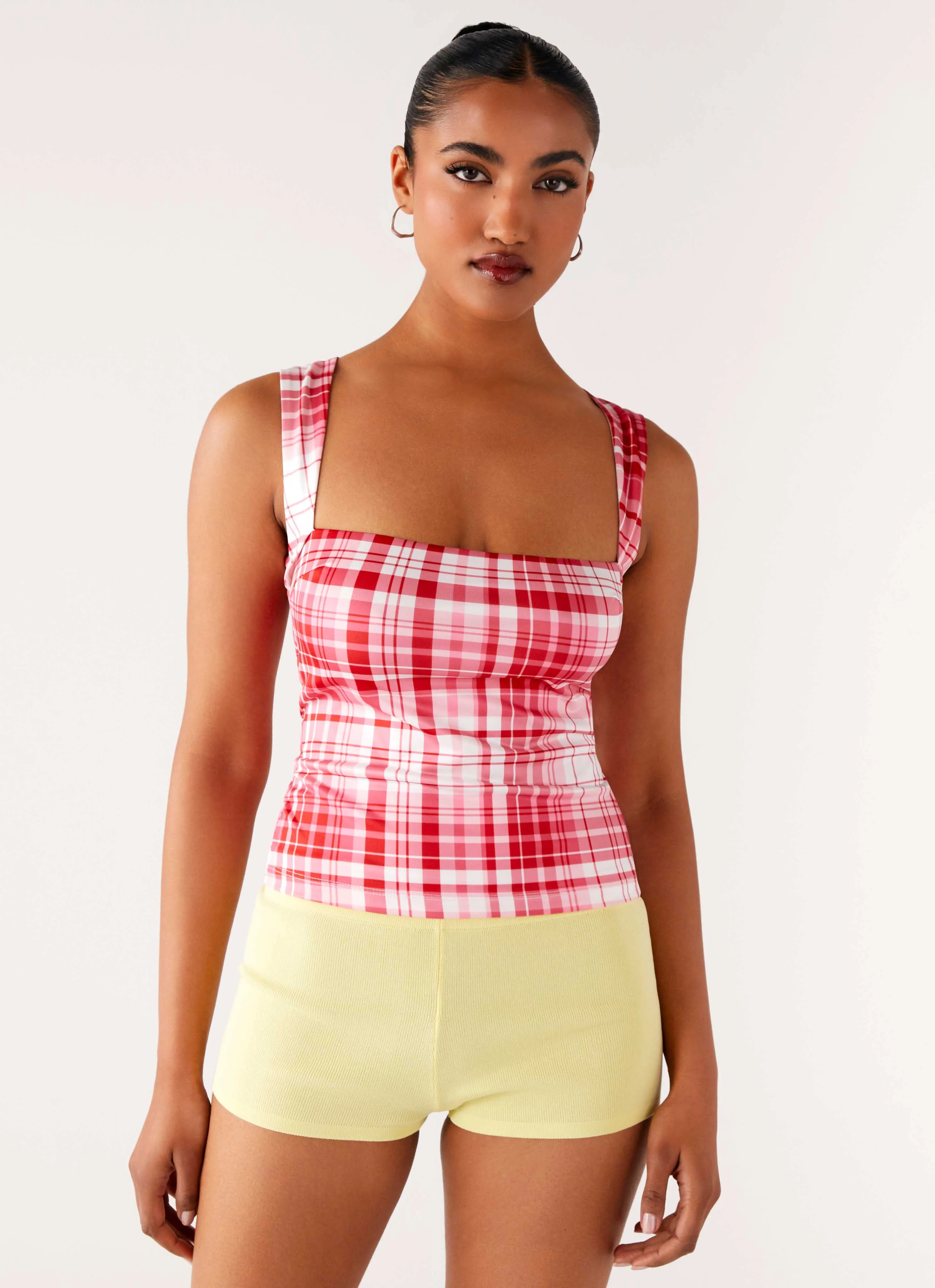 Compact Weave Fabric No Drama Strap Top - Pink Check