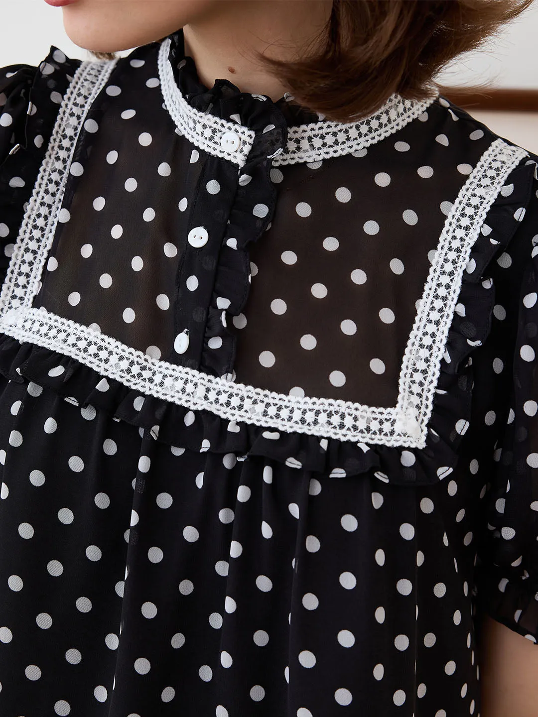 VentilatedArmholes ??Final Sale??Natasha Polka Dot Print Mock Neck Puff Sleeve Chiffon Blouse