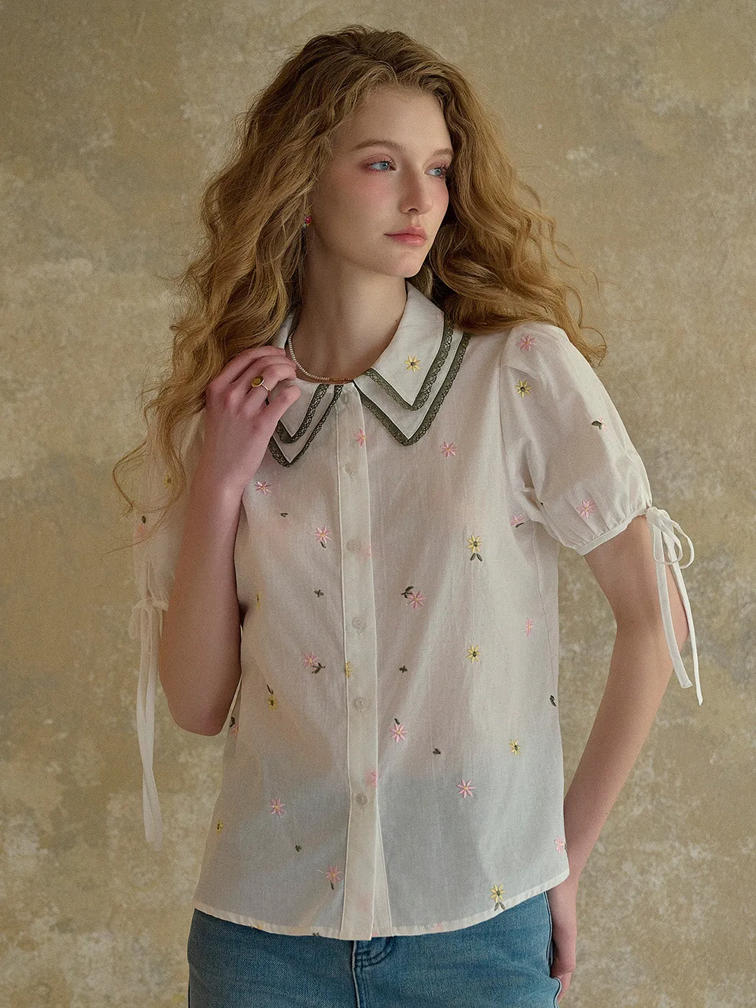 SustainableBlend ??Final Sale??Hazel Double Collar Floral 100% Cotton Blouse