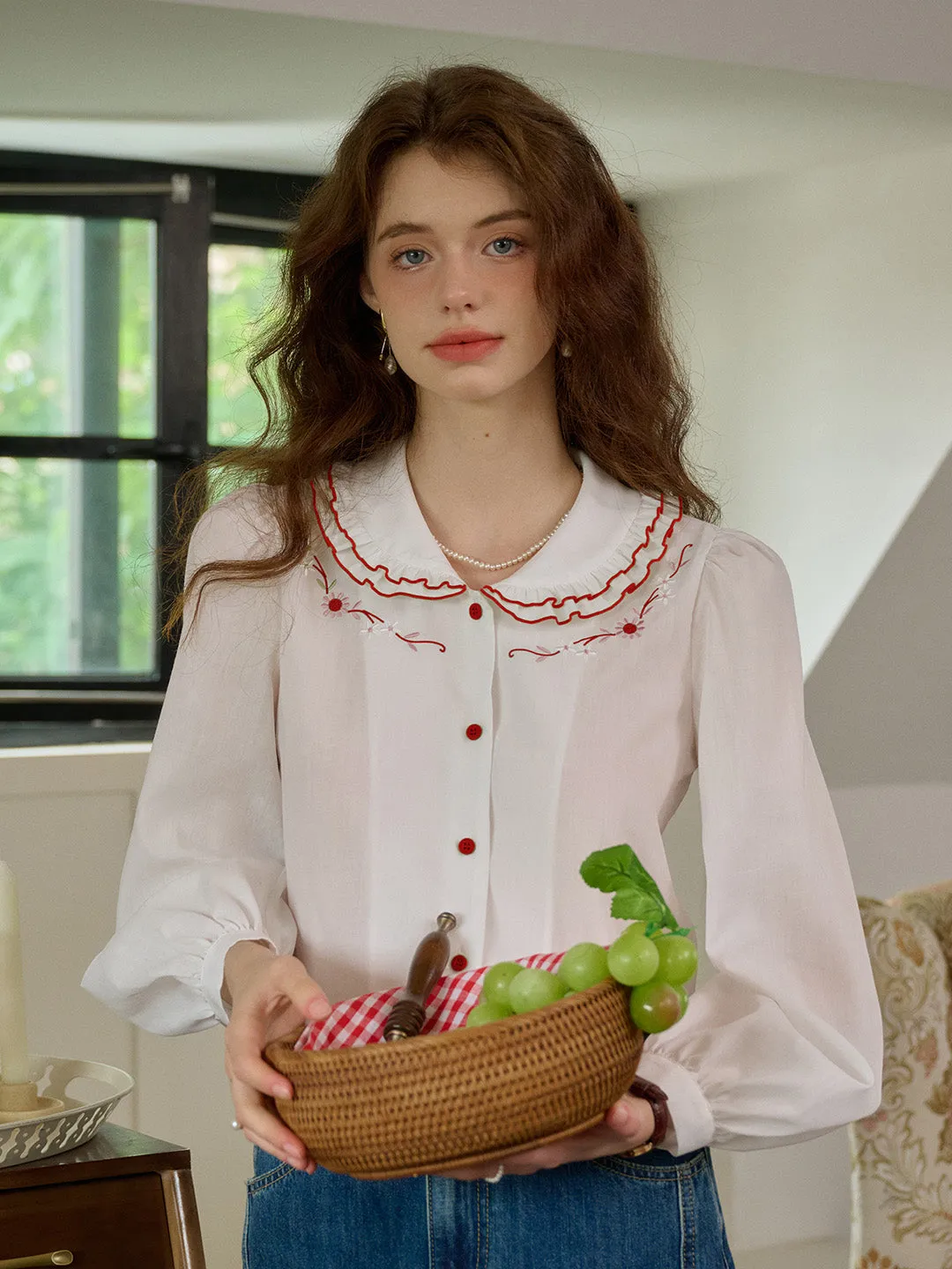Summer Dress Hot Weather ??Final Sale??Maren Peter Pan Collar Floral Embroidery Blouse - White