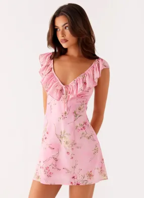 Side Pleats Wrinkle-Resistant Adrina Ruffle Mini Dress - Pink Floral Print