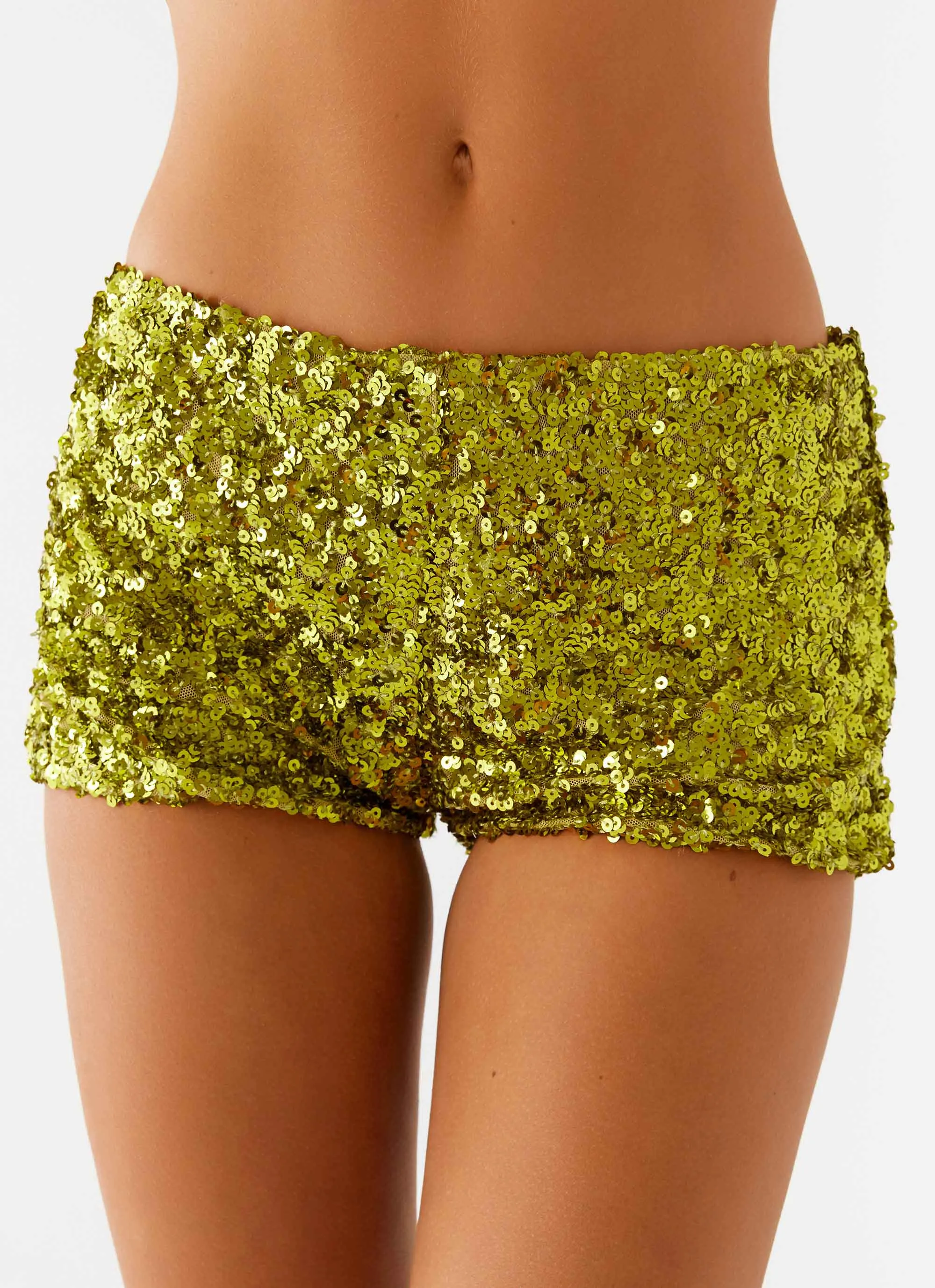 Perfect Design After Midnight Low Rise Sequin Mini Shorts - Olive