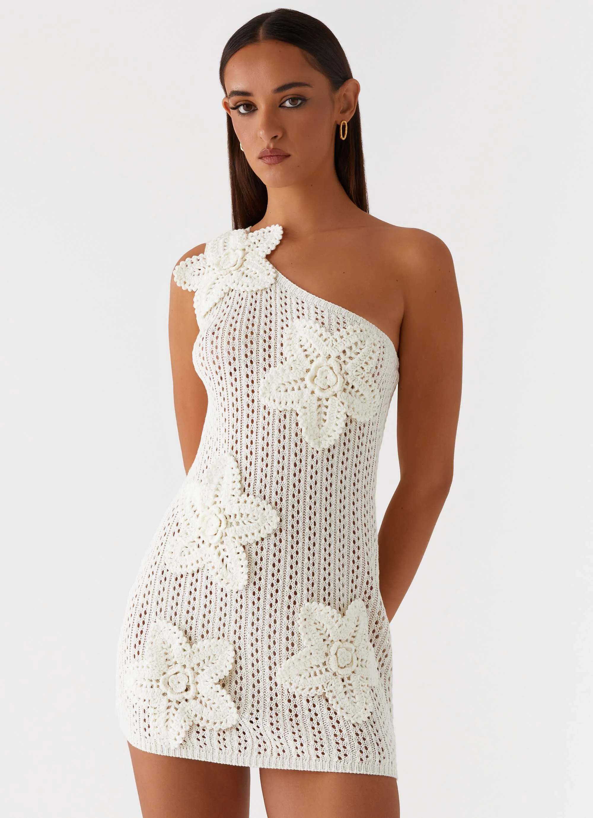 Afterglow One Shoulder Crochet Mini Dress - Ivory Mix Separates Classic Appeal