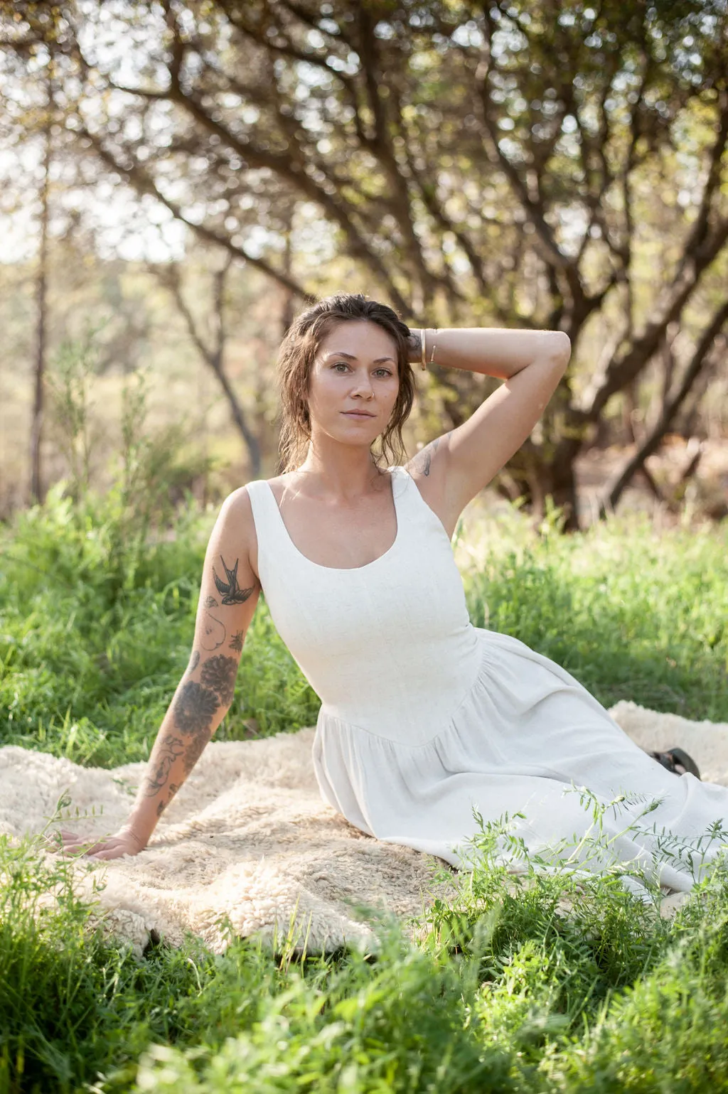 Refined Simplicity Back Detail Agnes dress in Oat Linen