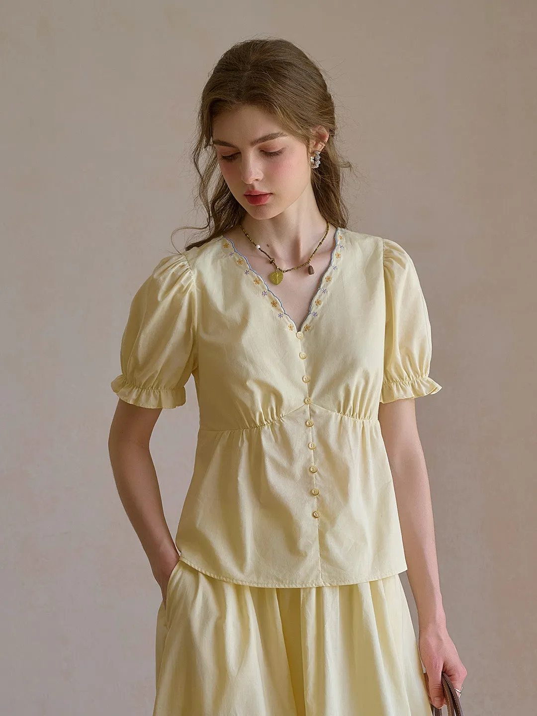 Margaret V-Neck Waist 100% Cotton Blouse WaterResistantCoating