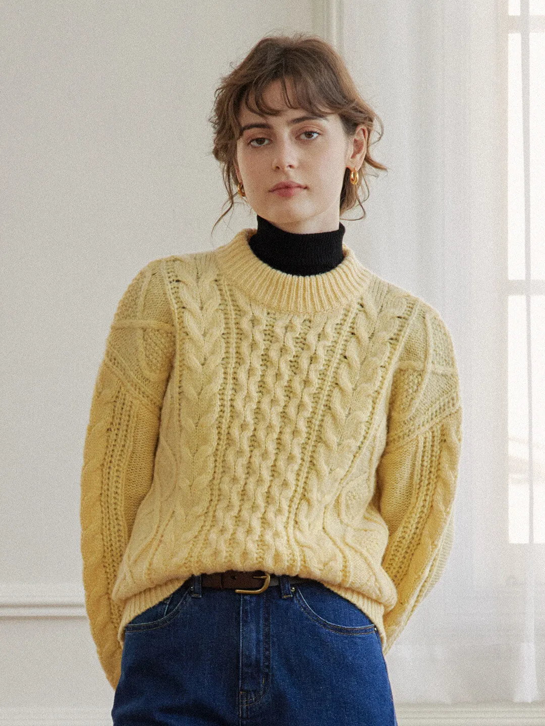 ??Final Sale??Raina Cable Yellow Irish Knit Wool Sweater ClassicCrewNeck Office Attire