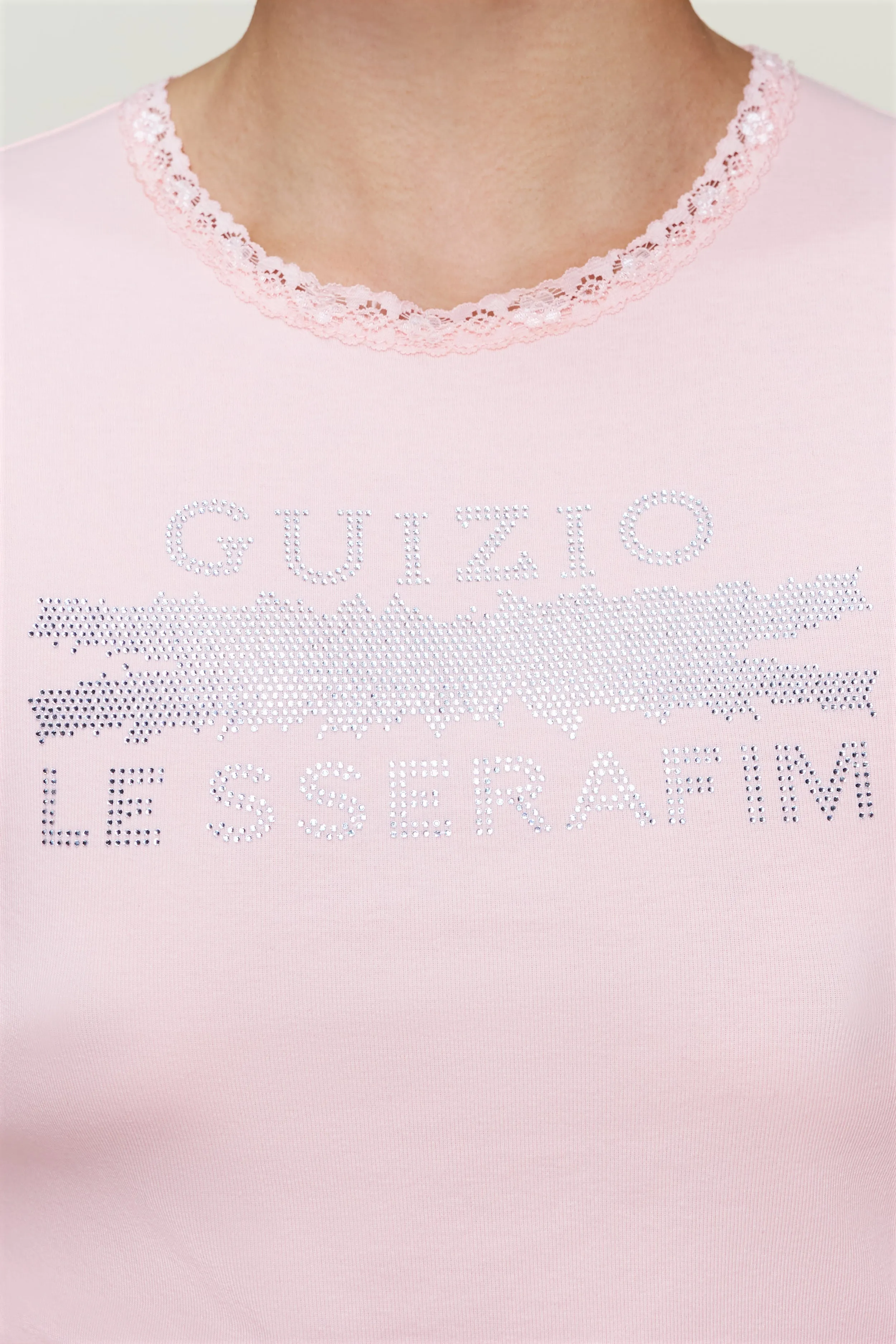 Bedazzled Lace Trim Tee Fitted Design Fade Resistant Coating