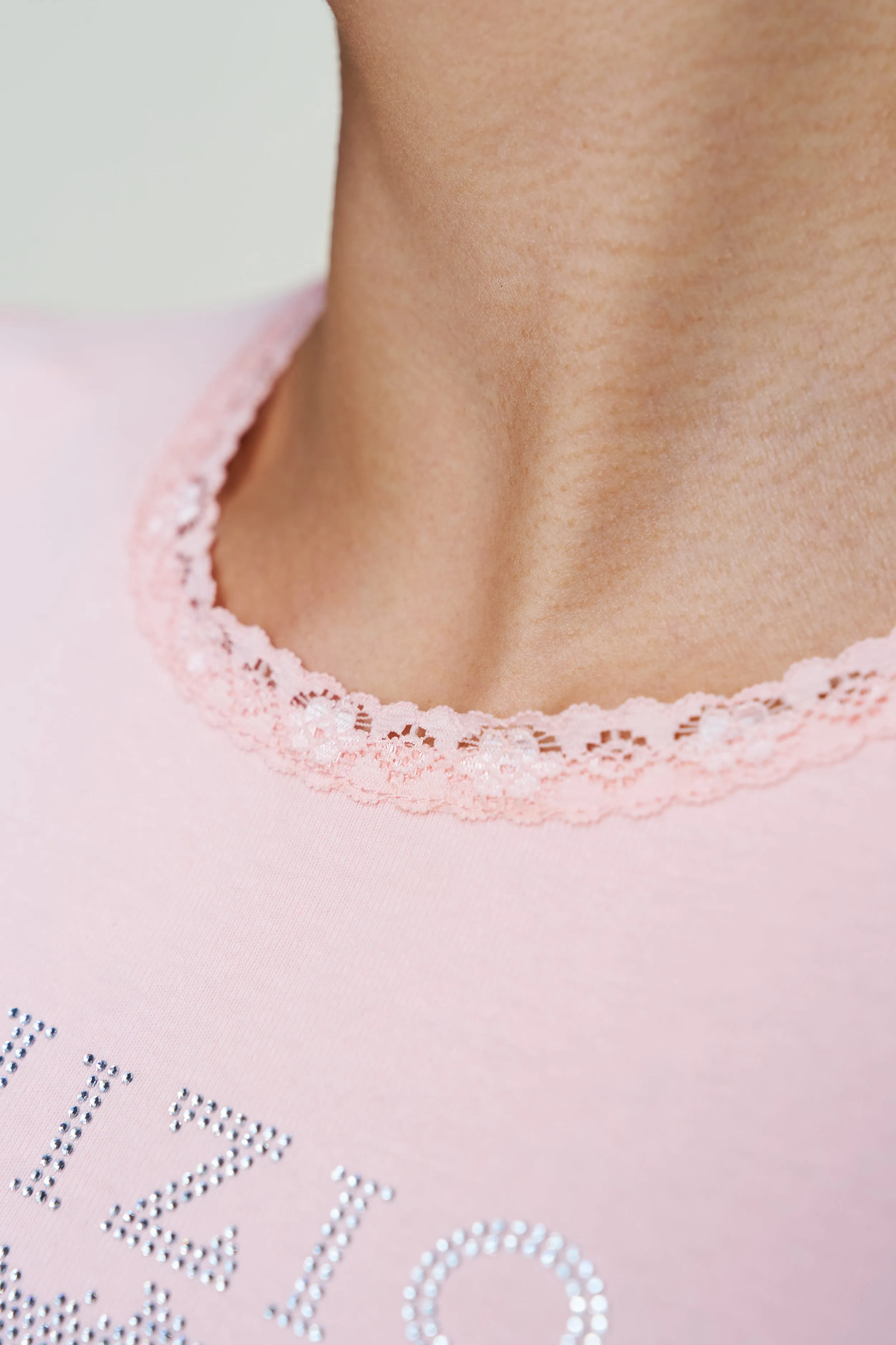 Bedazzled Lace Trim Tee SleevelessOption Microfiber Technology