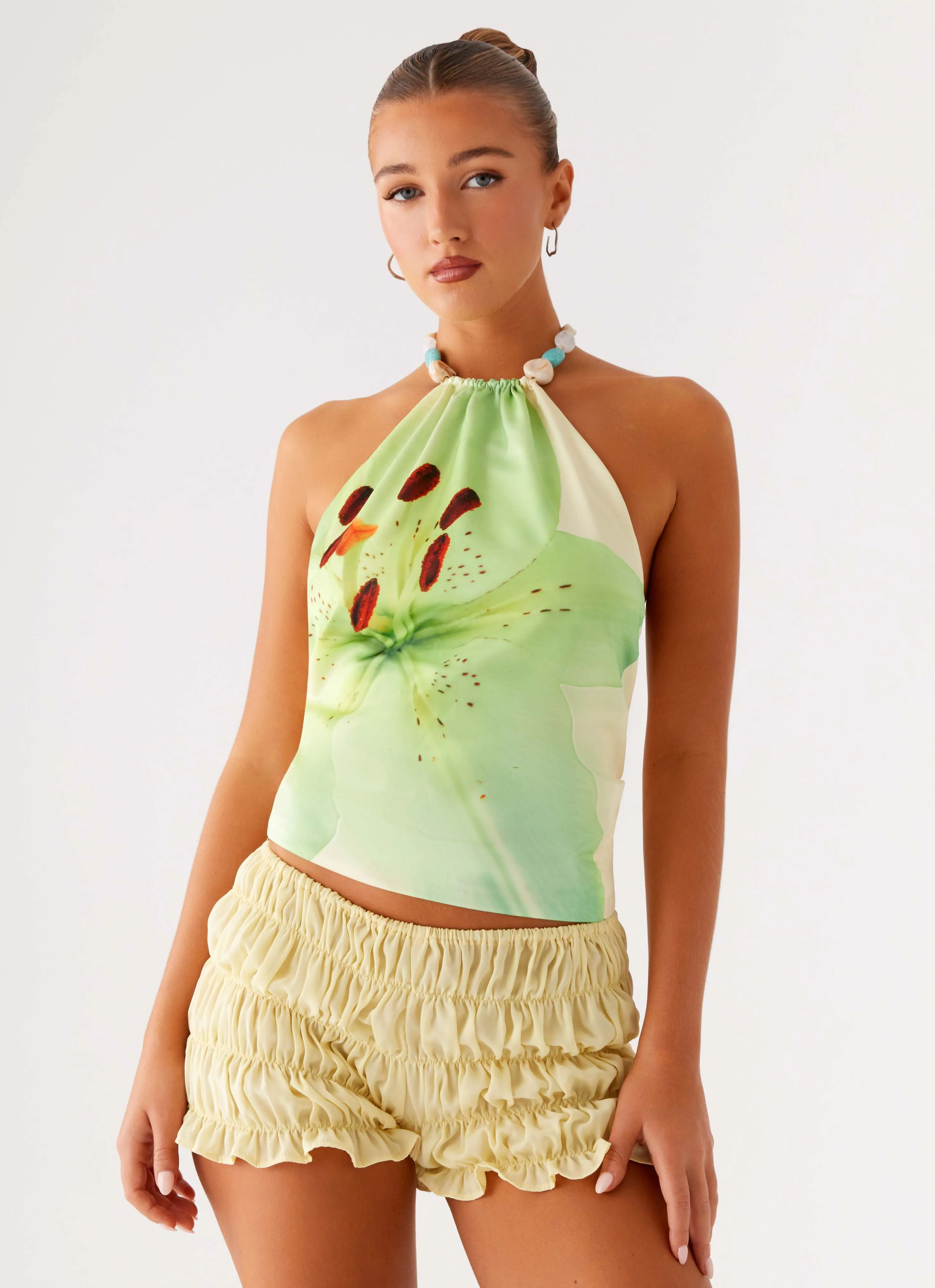 Dalila Beaded Tie Back Top - Yellow Floral Fitted Tank