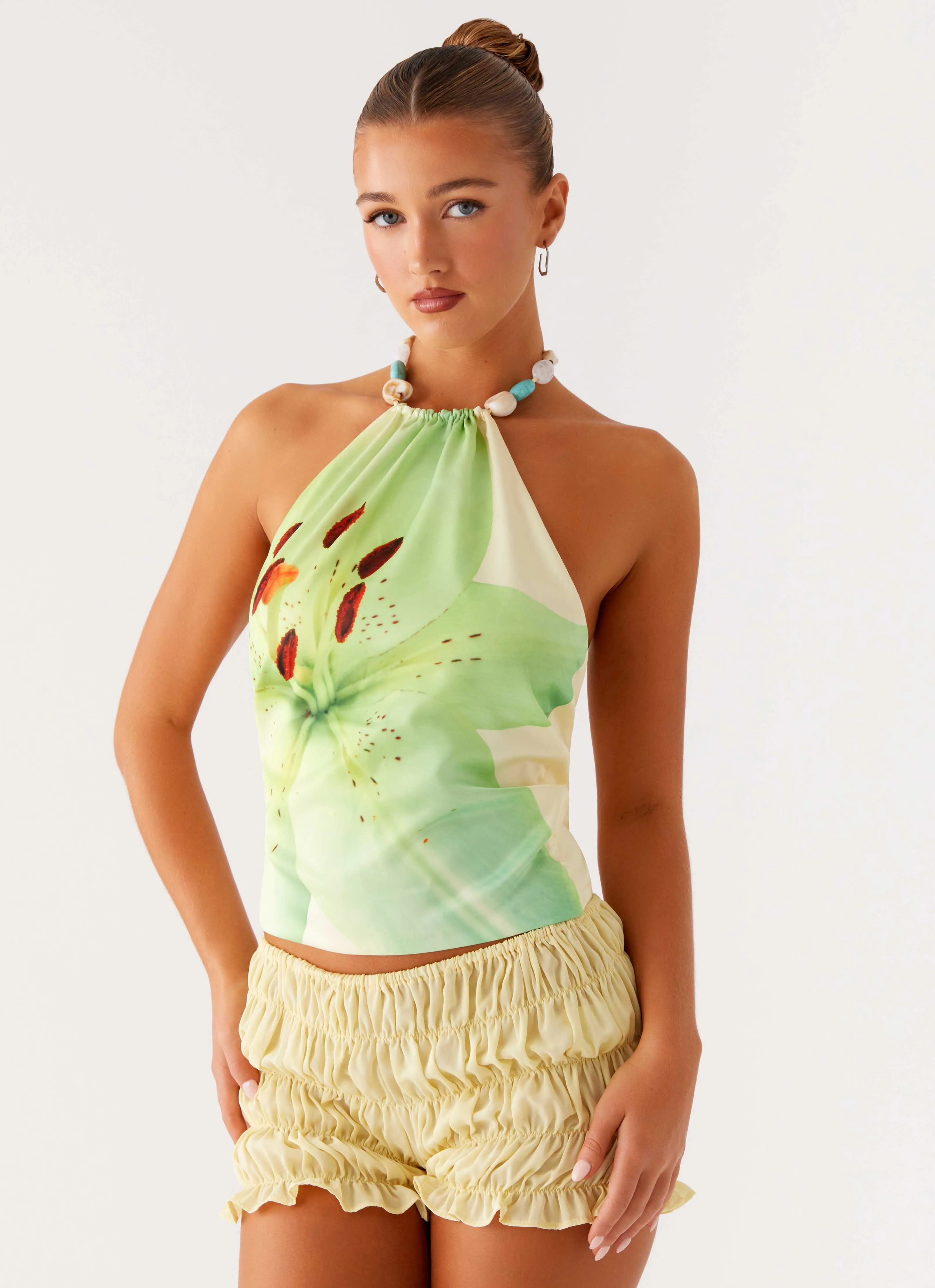 Dalila Beaded Tie Back Top - Yellow Floral ButtonFront