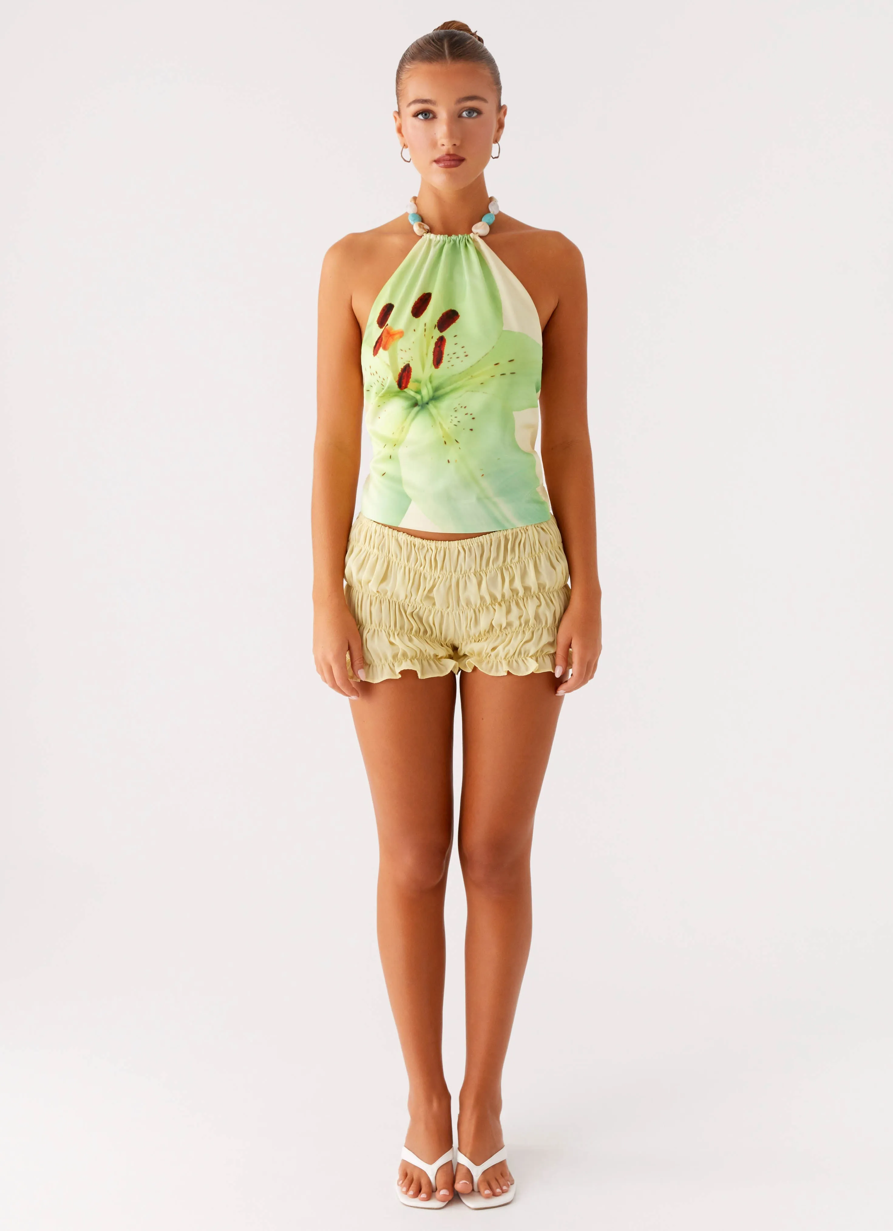 Convertible Sleeve Adaptation Dalila Beaded Tie Back Top - Yellow Floral