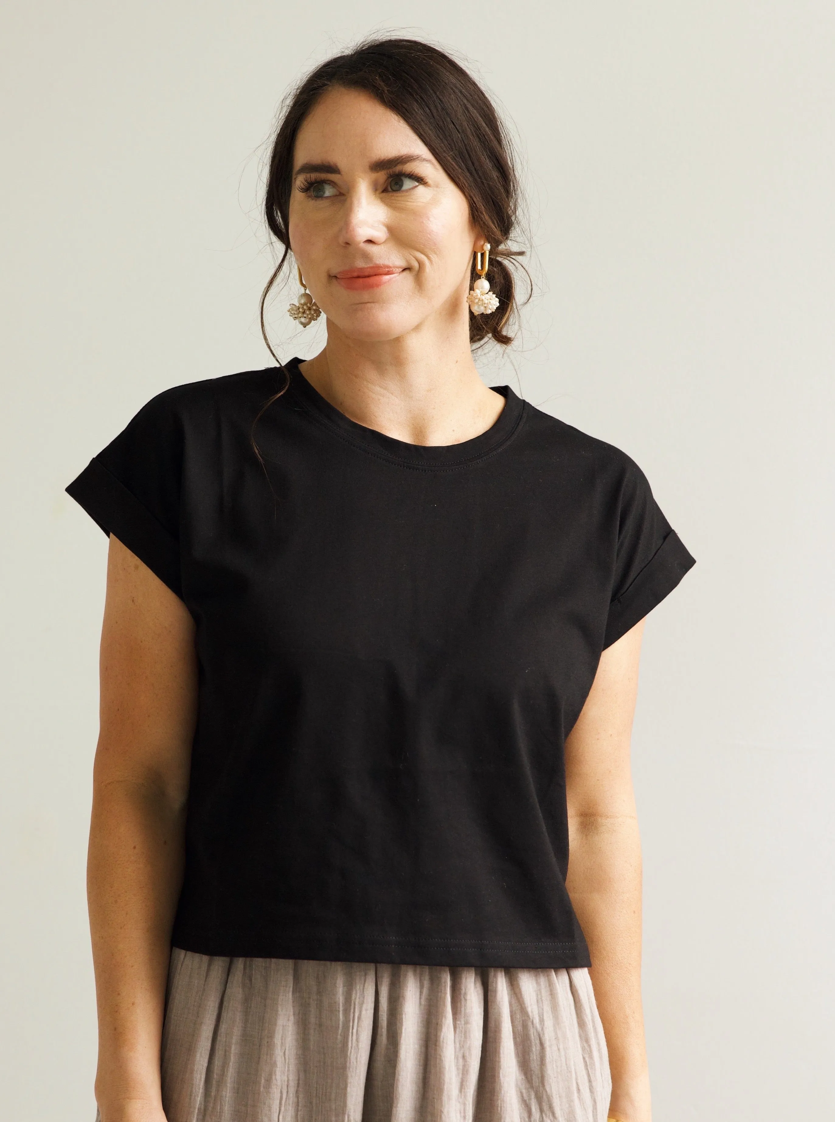 Karley Cuff Sleeve Tee Black Buttery Soft Feel