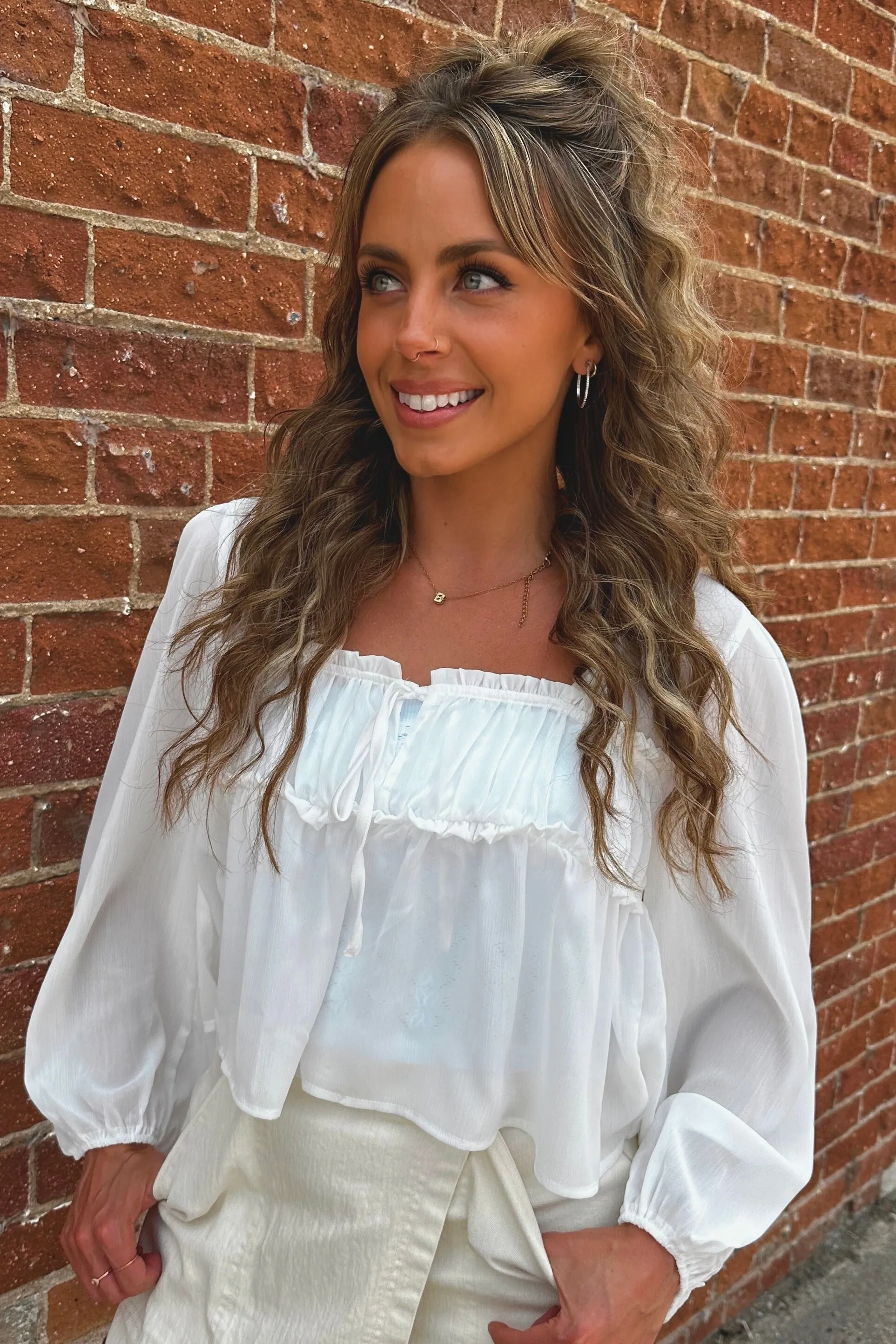 Ribbed collar Reinforced Stitching Airlight Tie Square Neck Blouse