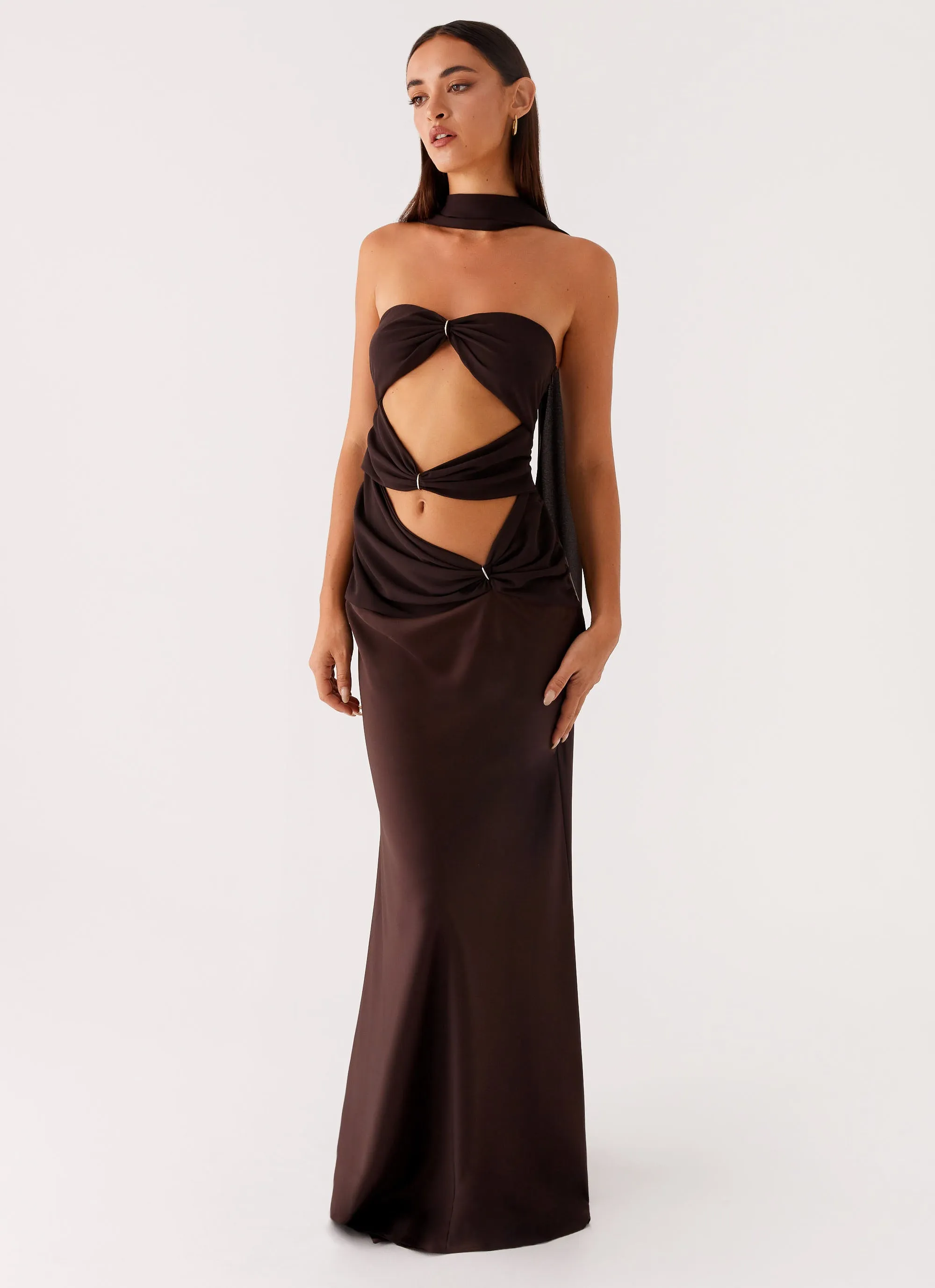 Alaine Scarf Maxi Dress - Dark Chocolate Lace Detail LayeredHemline