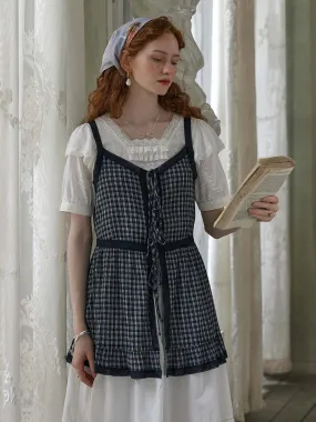 Stretchable Blend Alaya Checkered Contrast Lace Bow Tie Cotton Top