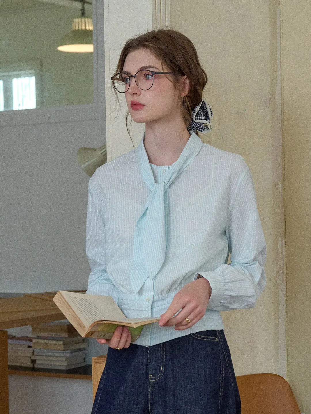 Alessia Round Neck Tie 100% Cotton Blouse Flexible Cuffs