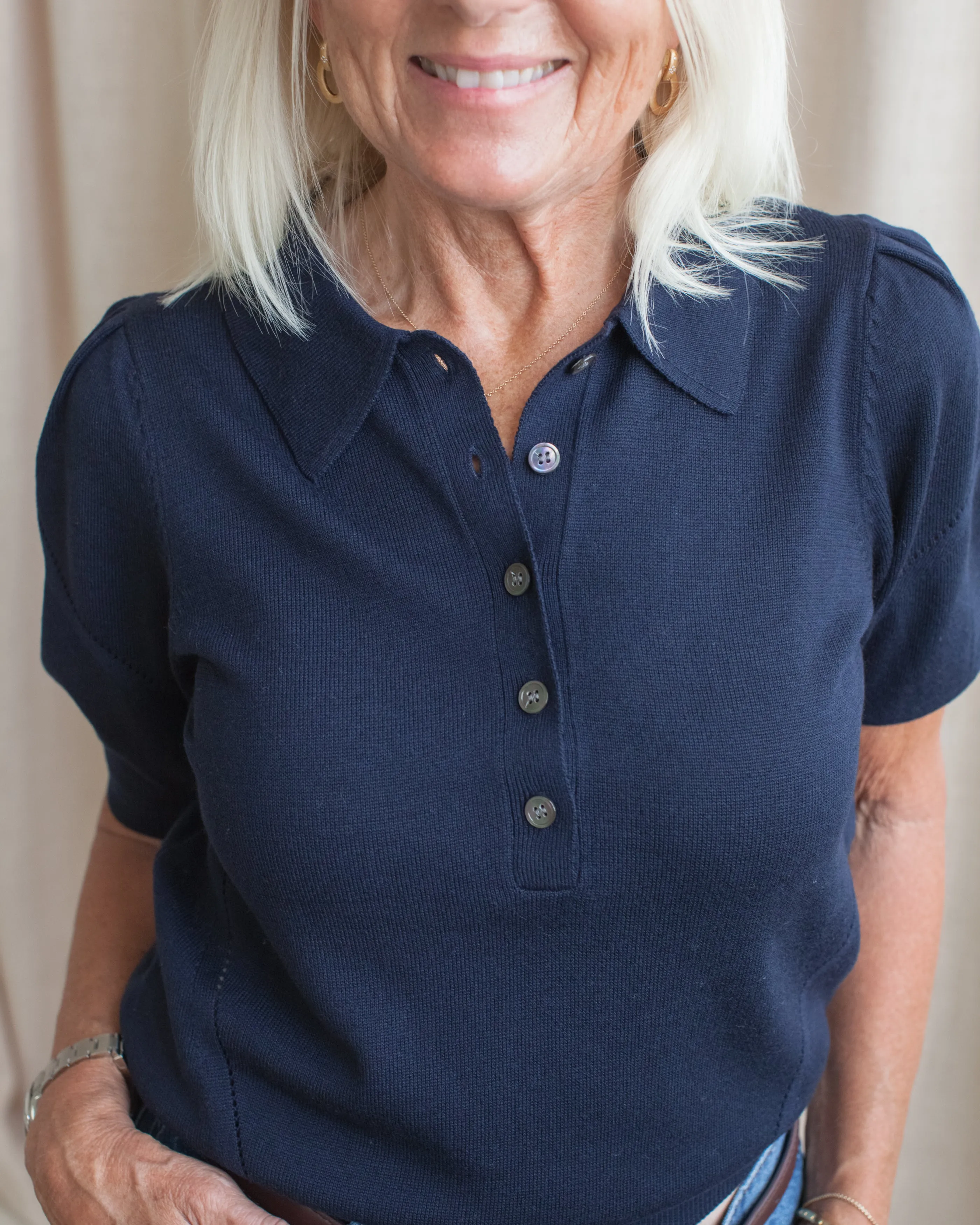 Alice Knit Polo- Navy Simple Style Ventilated Mesh Panels