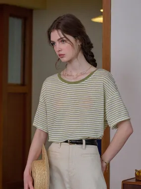 Alice Round Neck Reversible Stripe Viscose Blouse Elasticated Hem