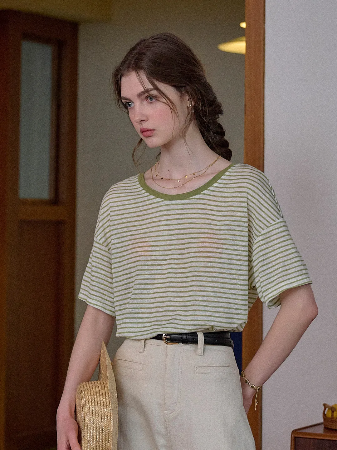 Alice Round Neck Reversible Stripe Viscose Blouse Hidden Pocket Design Durable Interlock Stitch