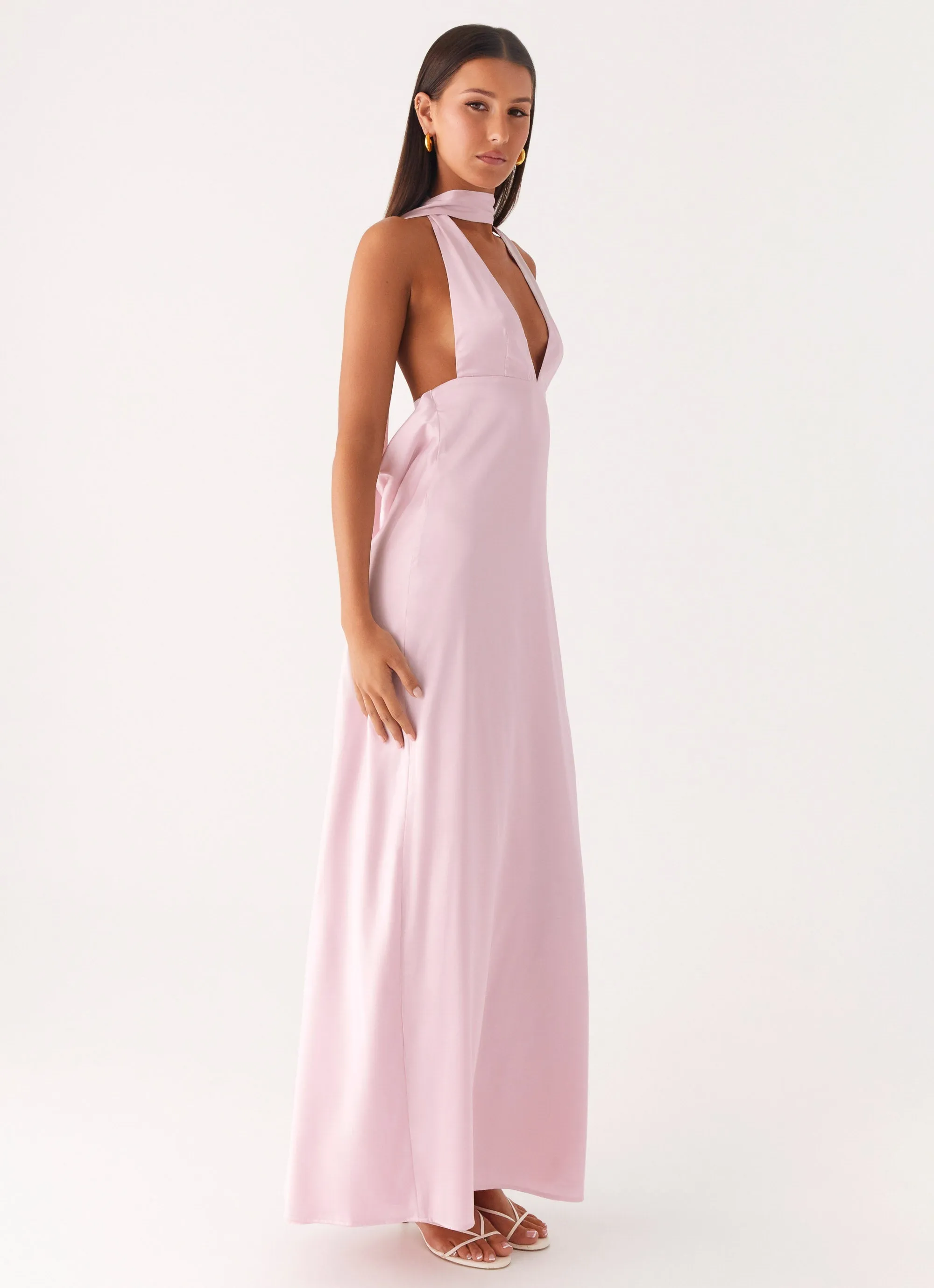 Beach Moment Alicia Satin Halter Maxi Dress - Baby Pink