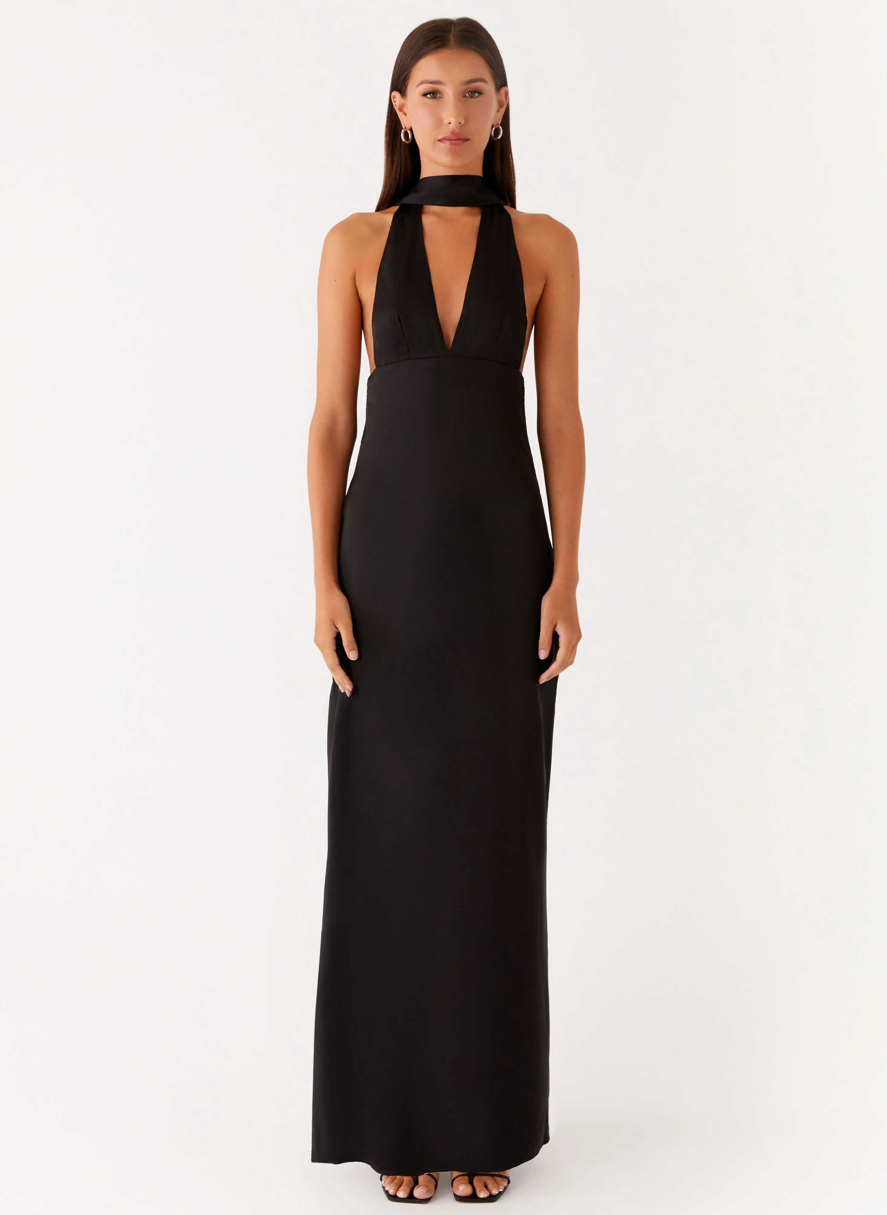 Alicia Satin Halter Maxi Dress - Black Raglan-Sleeve