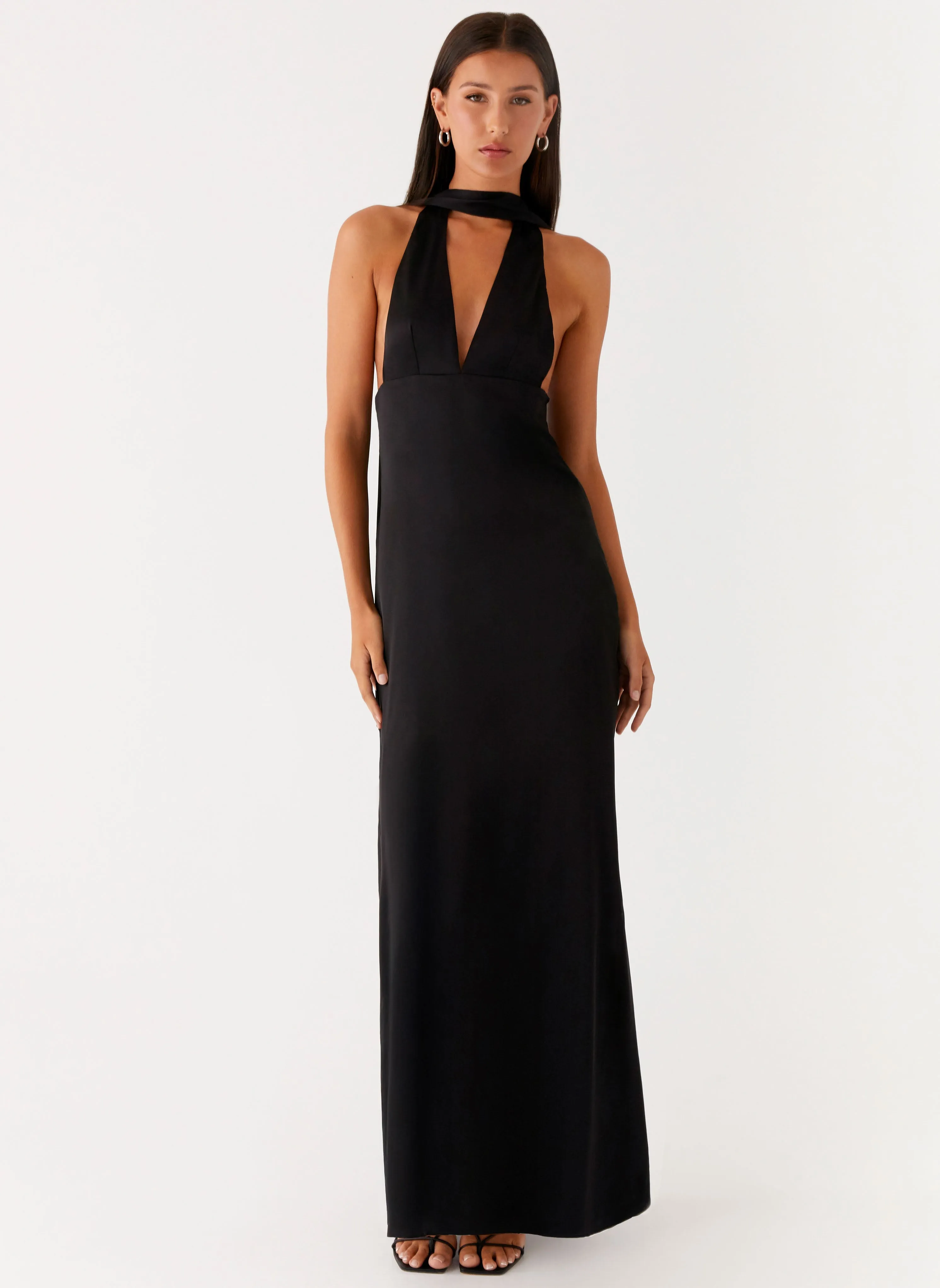 Flower Grace Alicia Satin Halter Maxi Dress - Black