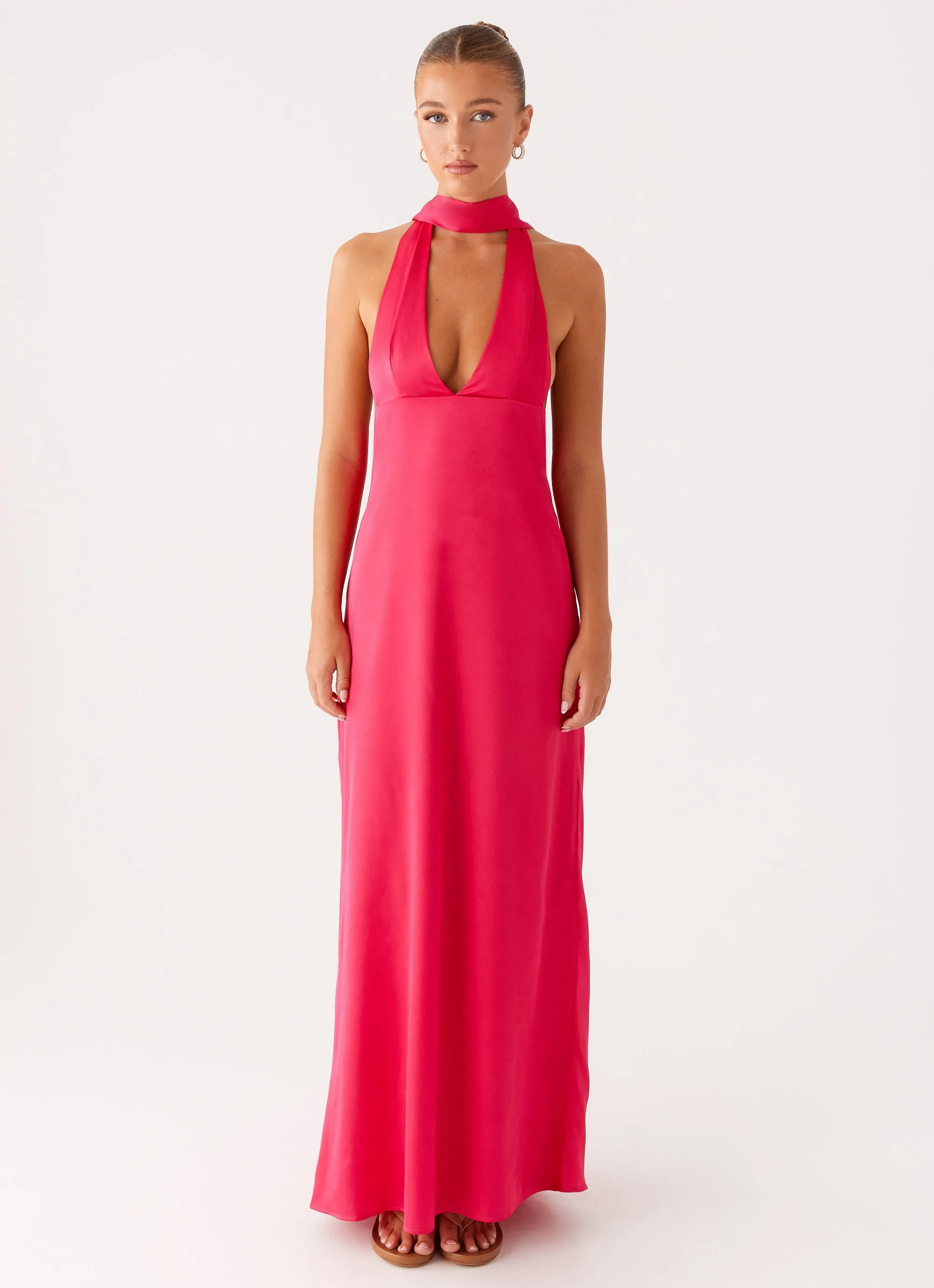 Comfy Yet Stylish Alicia Satin Halter Maxi Dress - Fuchsia
