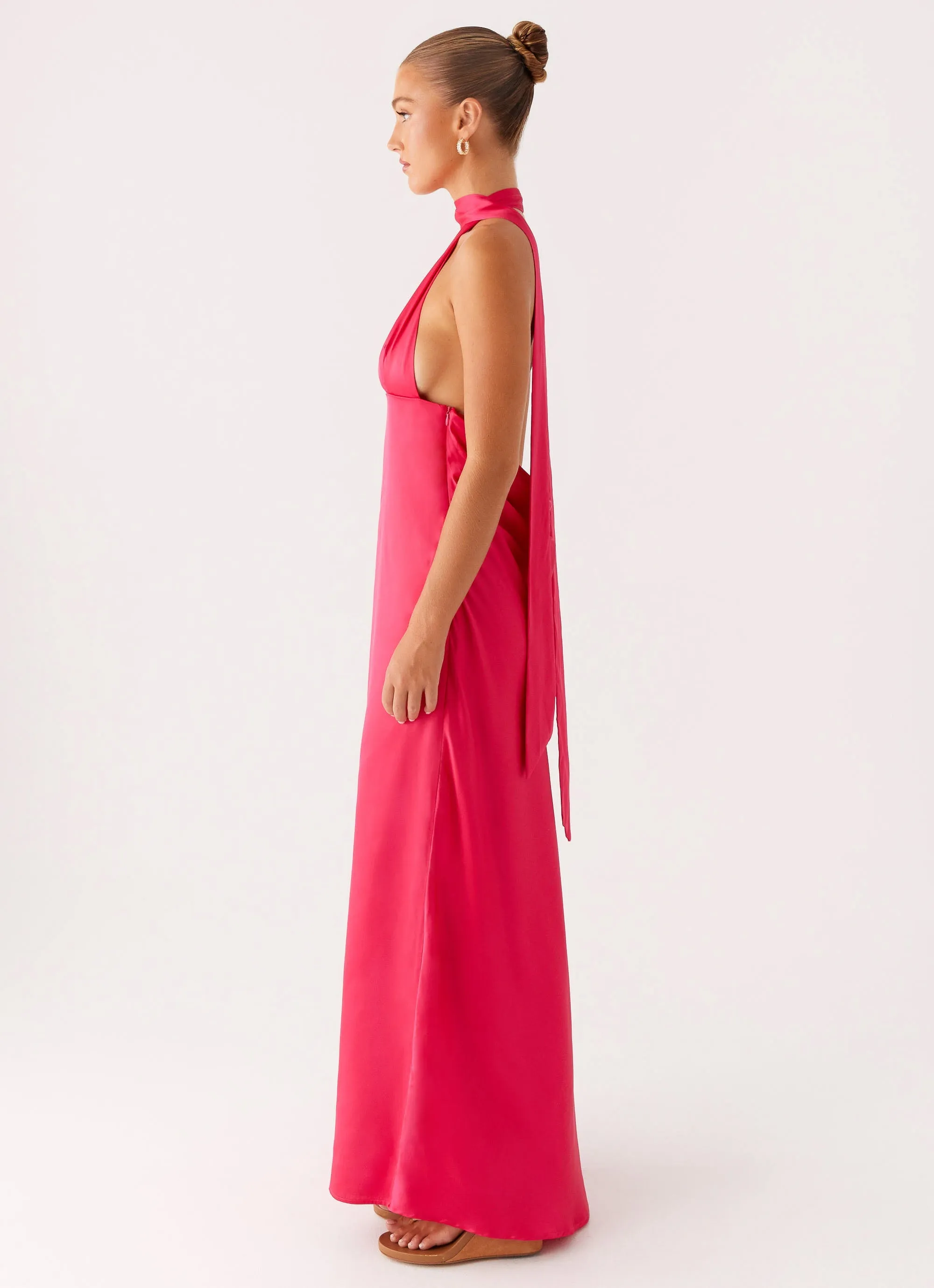 Textured Surface Soft Glide Alicia Satin Halter Maxi Dress - Fuchsia