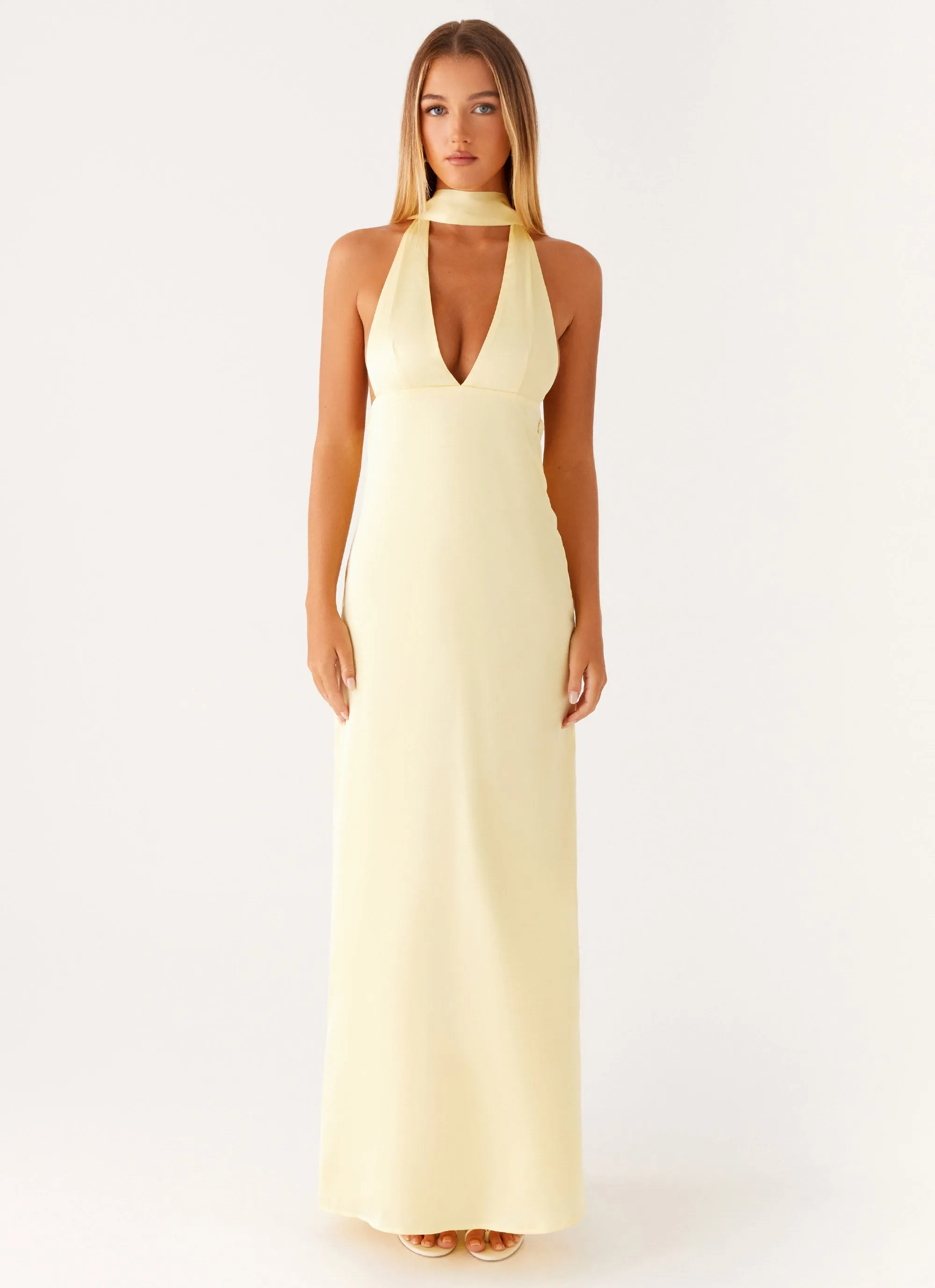 Date Ready Minimal Detail Alicia Satin Halter Maxi Dress - Yellow