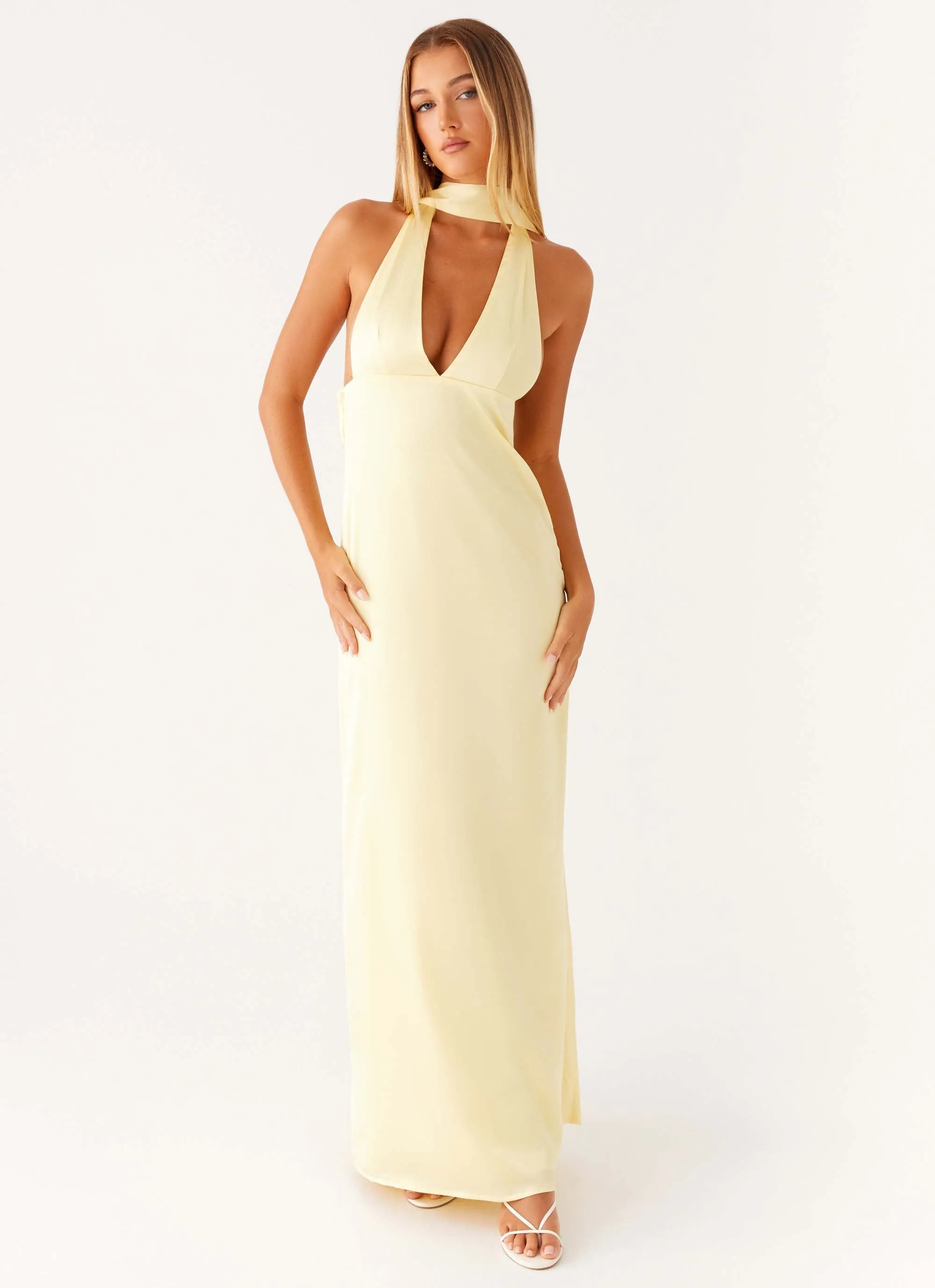 Simple Texture Alicia Satin Halter Maxi Dress - Yellow