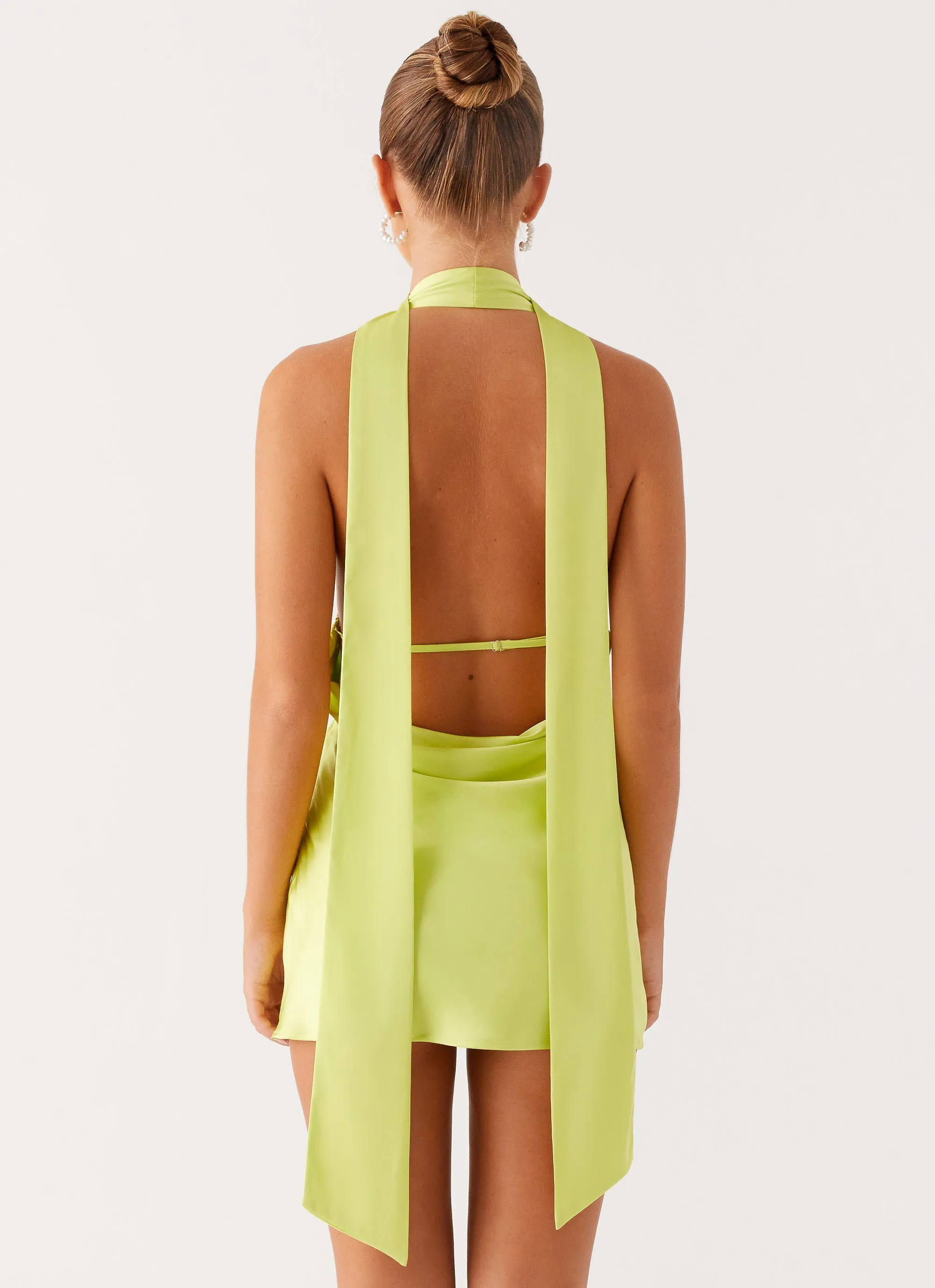 Alicia Satin Halter Mini Dress - Sunny Lime Off-Shoulder Casual Edge