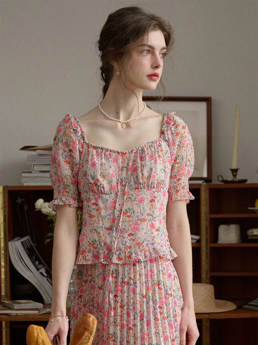 Alivia Floral Print Tie Neck Heart Shaped Collar Pink Blouse Hydrophobic Threadwork