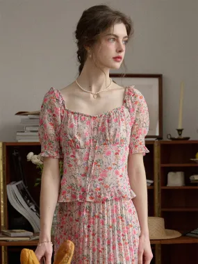 Alivia Floral Print Tie Neck Heart Shaped Collar Pink Blouse UltraLightweight