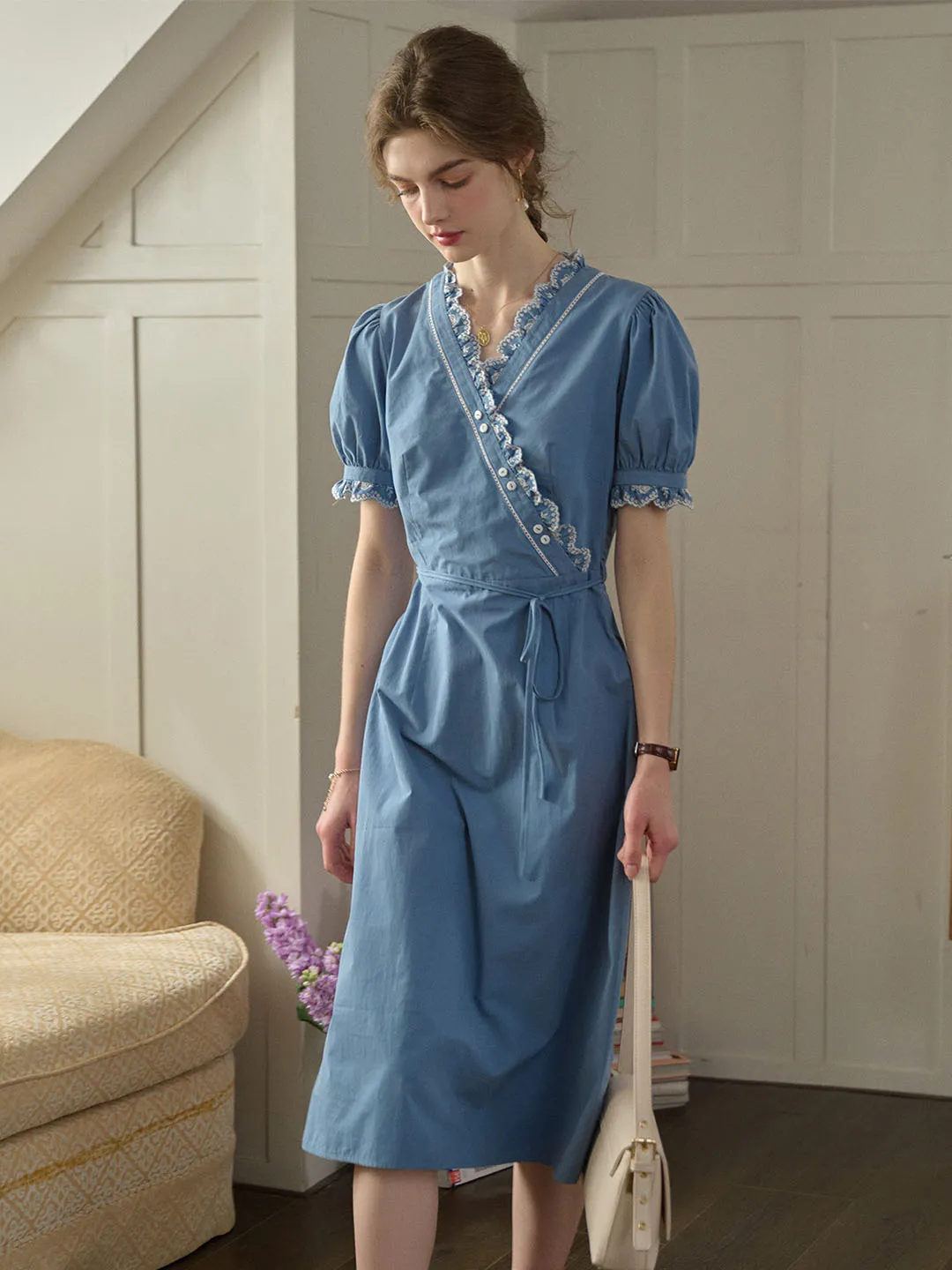 Flowing Design Alivia Wave Contrast Floral Embroidery V Neck Puff Sleeve Cotton Tea Dress