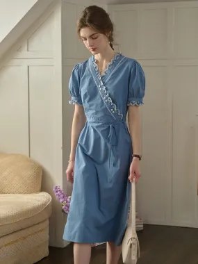 Vacation Outfit Alivia Wave Contrast Floral Embroidery V Neck Puff Sleeve Cotton Tea Dress