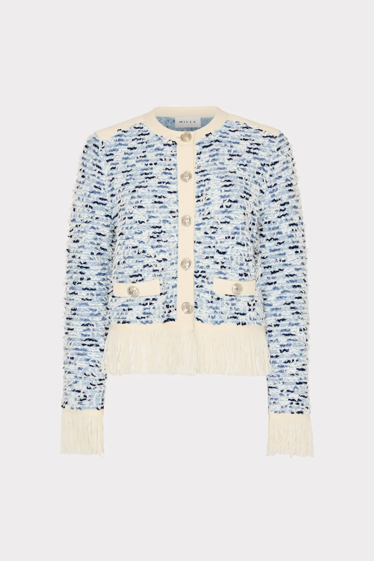 Hidden Zipper Compressed Packing Design Textured Fringe Trim Cardigan